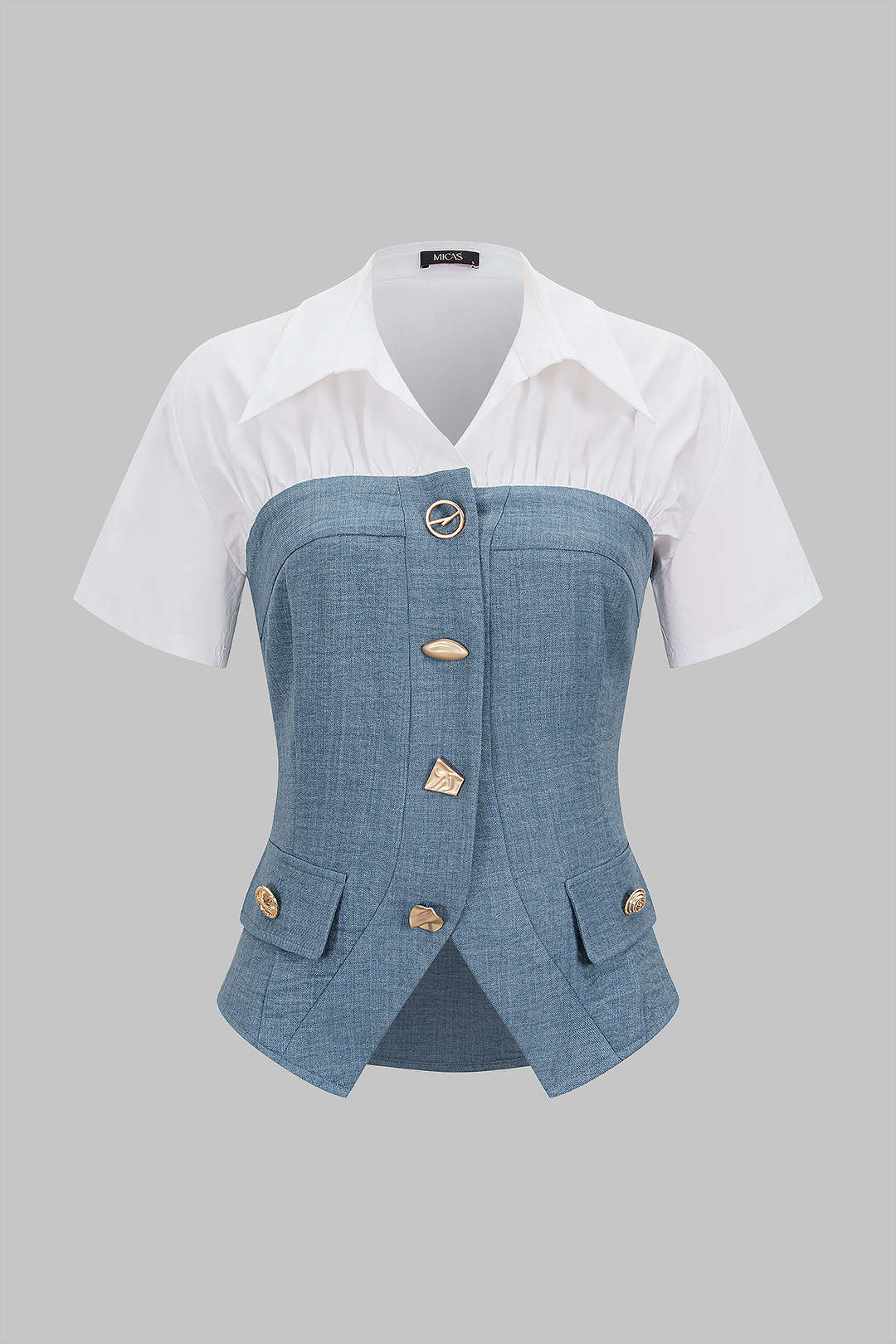 Contrast Irregular Button Lapel Short Sleeve Top - Weenar