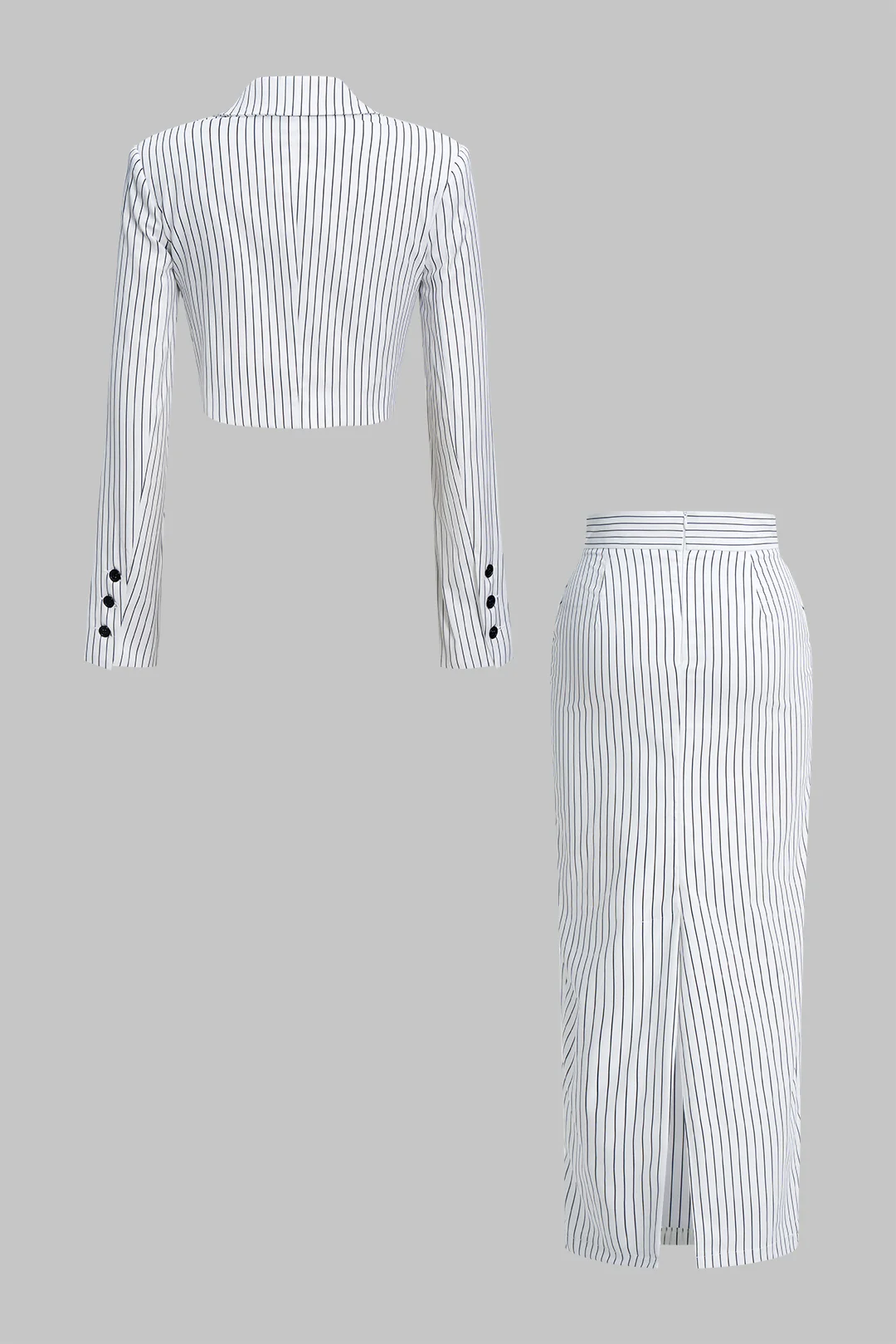 Stripes Print Notched Lapel Long-Sleeve Top And High Waist Skirt Set - Weenar