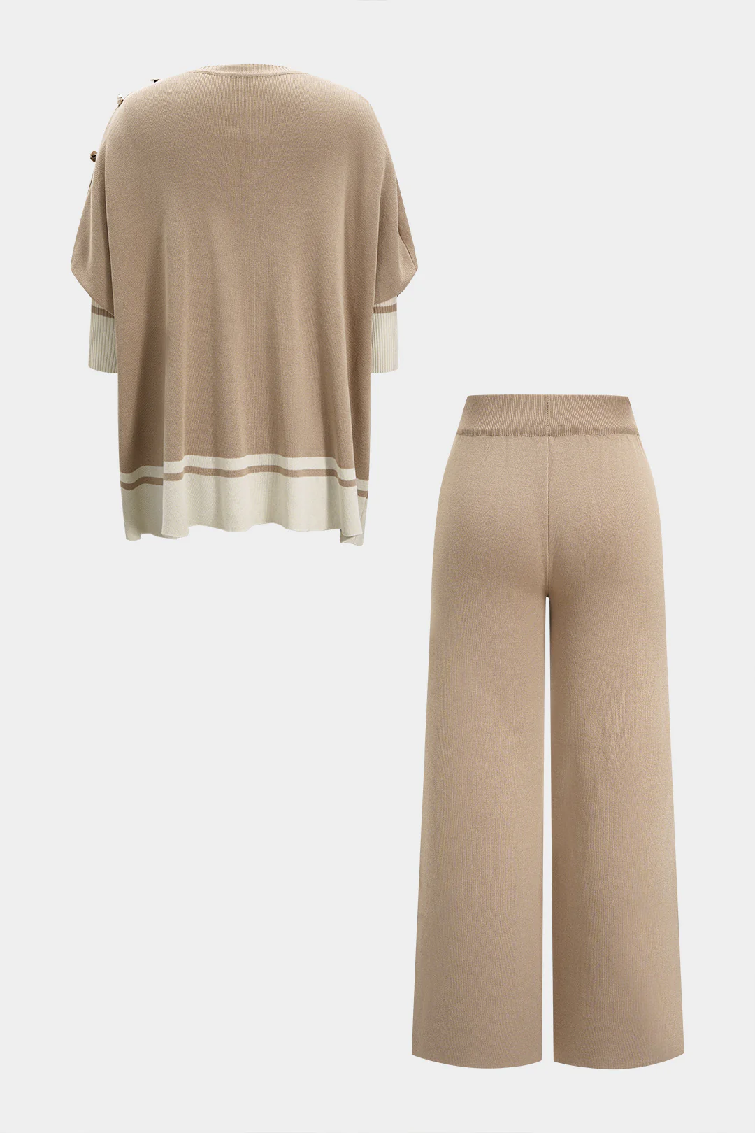 Knit Contrast Metallic Button Short-Sleeved Top And Wide Leg Pants Set - Weenar