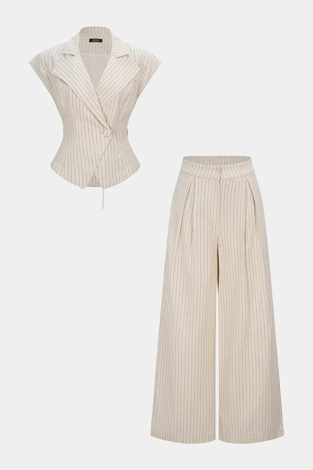 Stripes Print Linen Notched Lapel Tie Back Blazer And Wide Leg Pants Set - Weenar