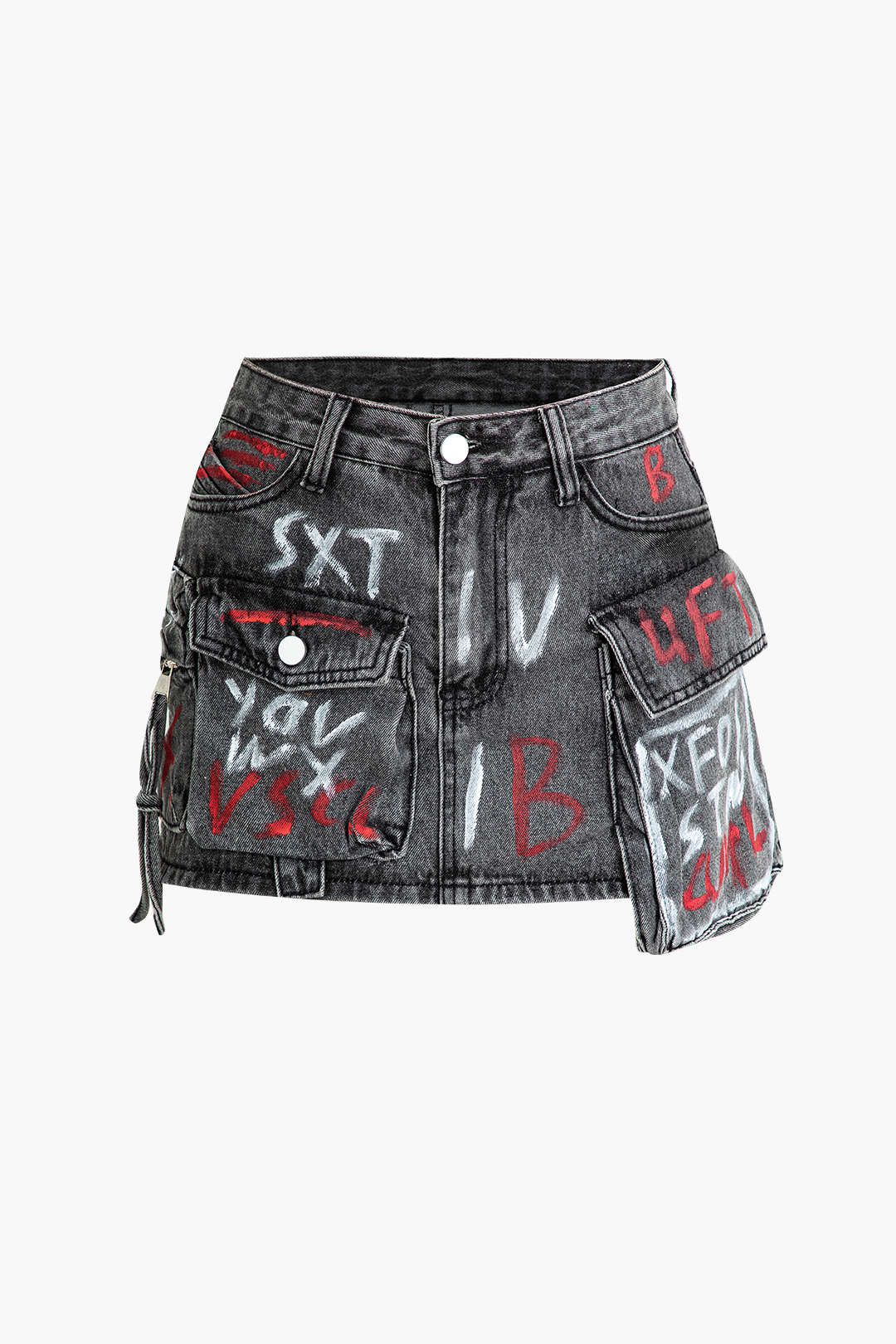 Graffiti Flap Pocket Denim Mini Skirt - Weenar