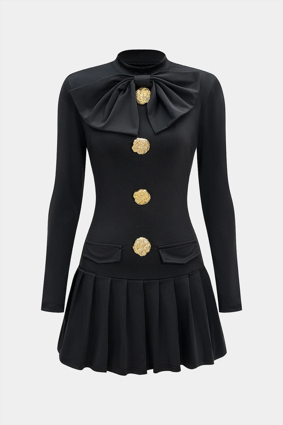 Metallic Button Bow Pleated Long Sleeve Mini Dress - Weenar