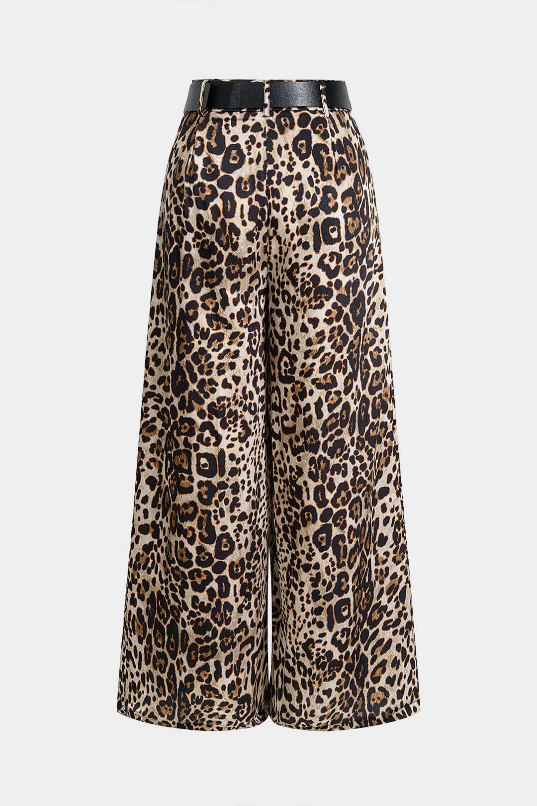 Leopard Print Belted Satin Wide Leg Pants - Weenar