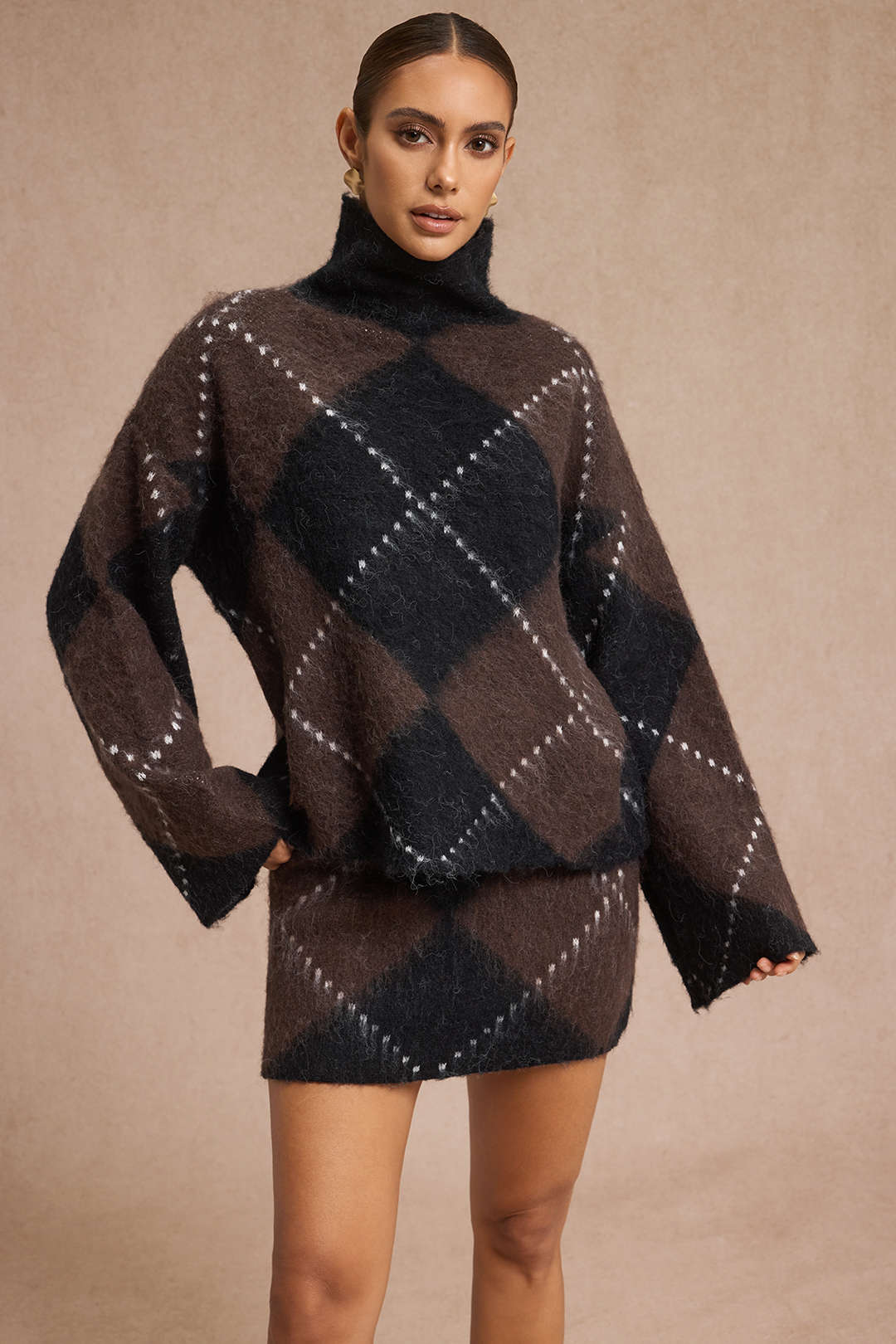 Knit  Argyle Print High Neck Long-Sleeve Top - Weenar