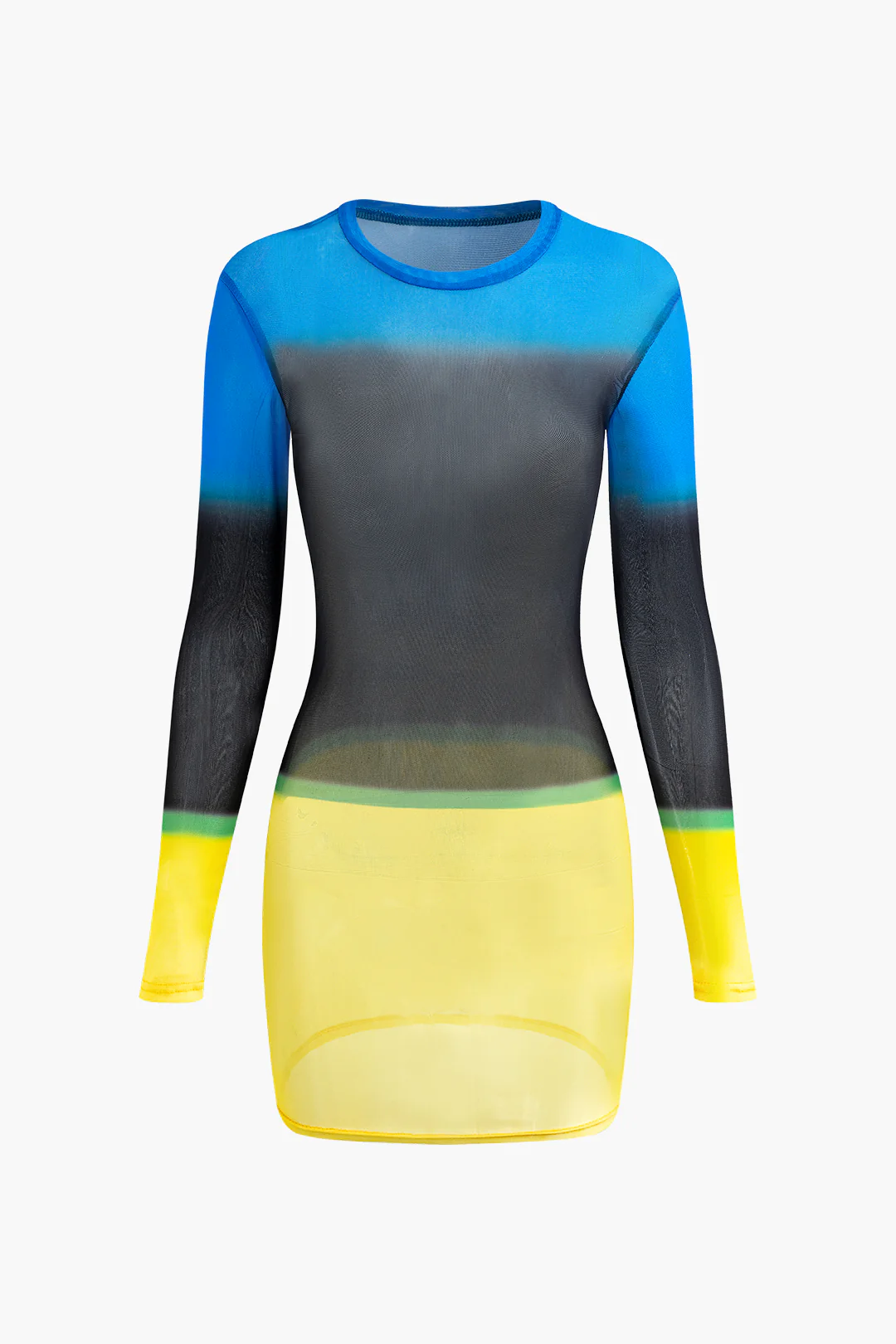 Mesh Ombre Print Round Neck Contrast Long Sleeve Mini Dress - Weenar