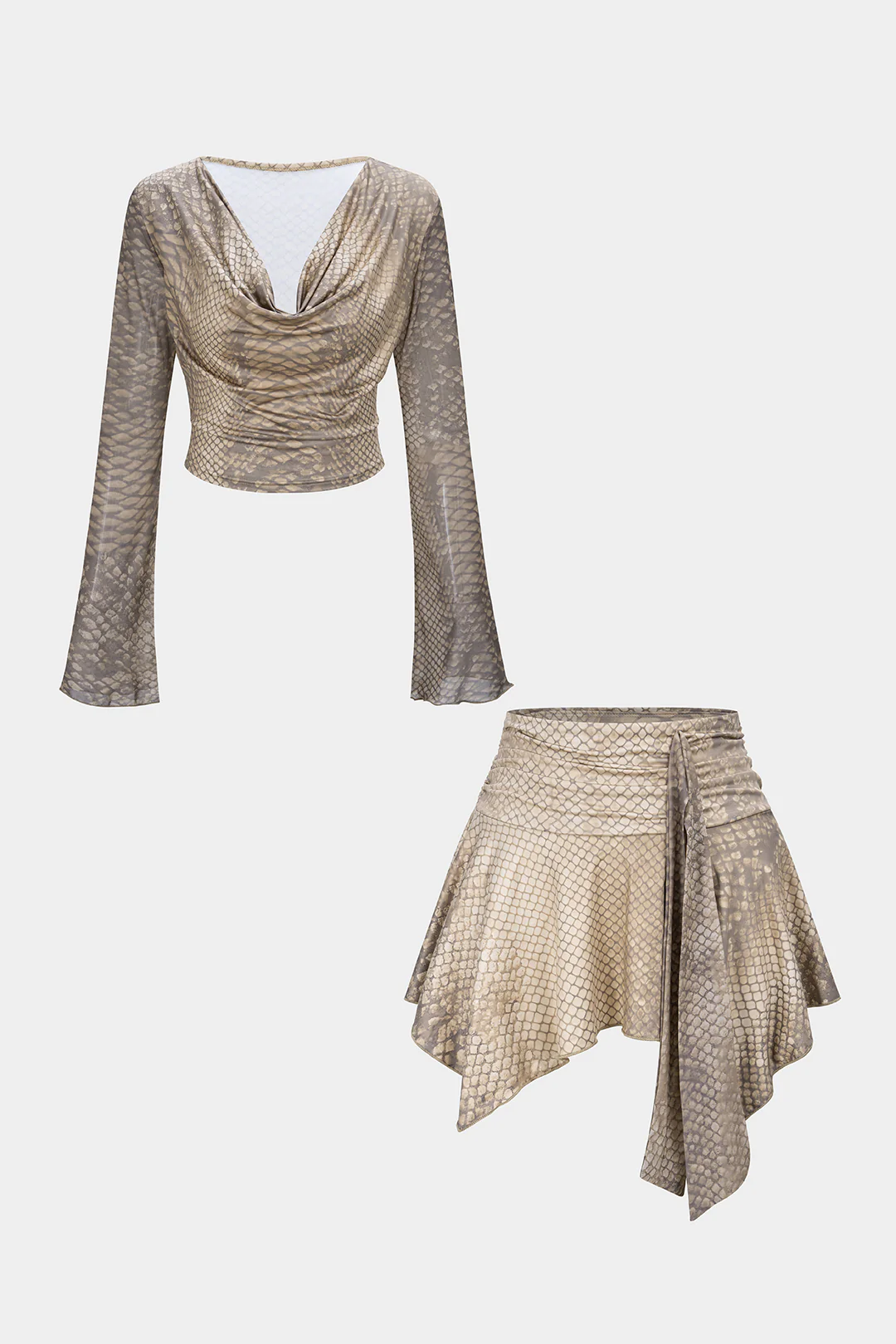 Snake Skin Print Draped Cowl Neck Long Sleeve Top And Irregular Hem Skirt Set - Weenar