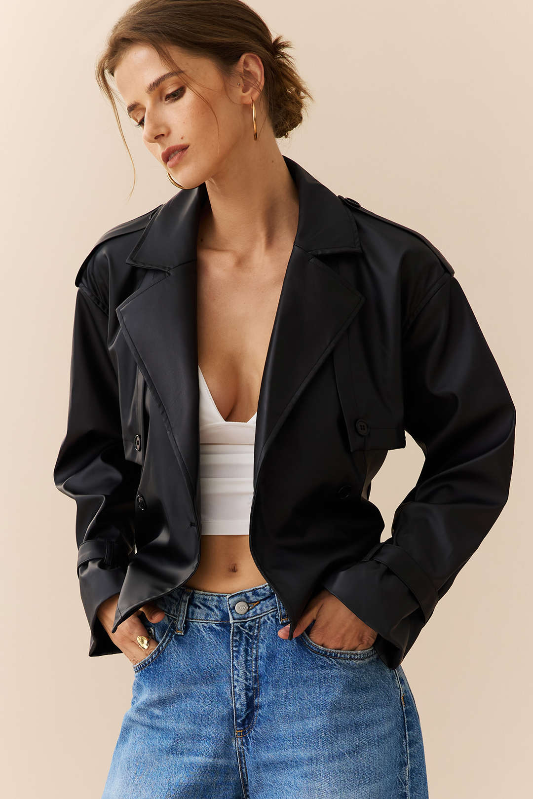 Faux Leather Belted Jacket - Weenar