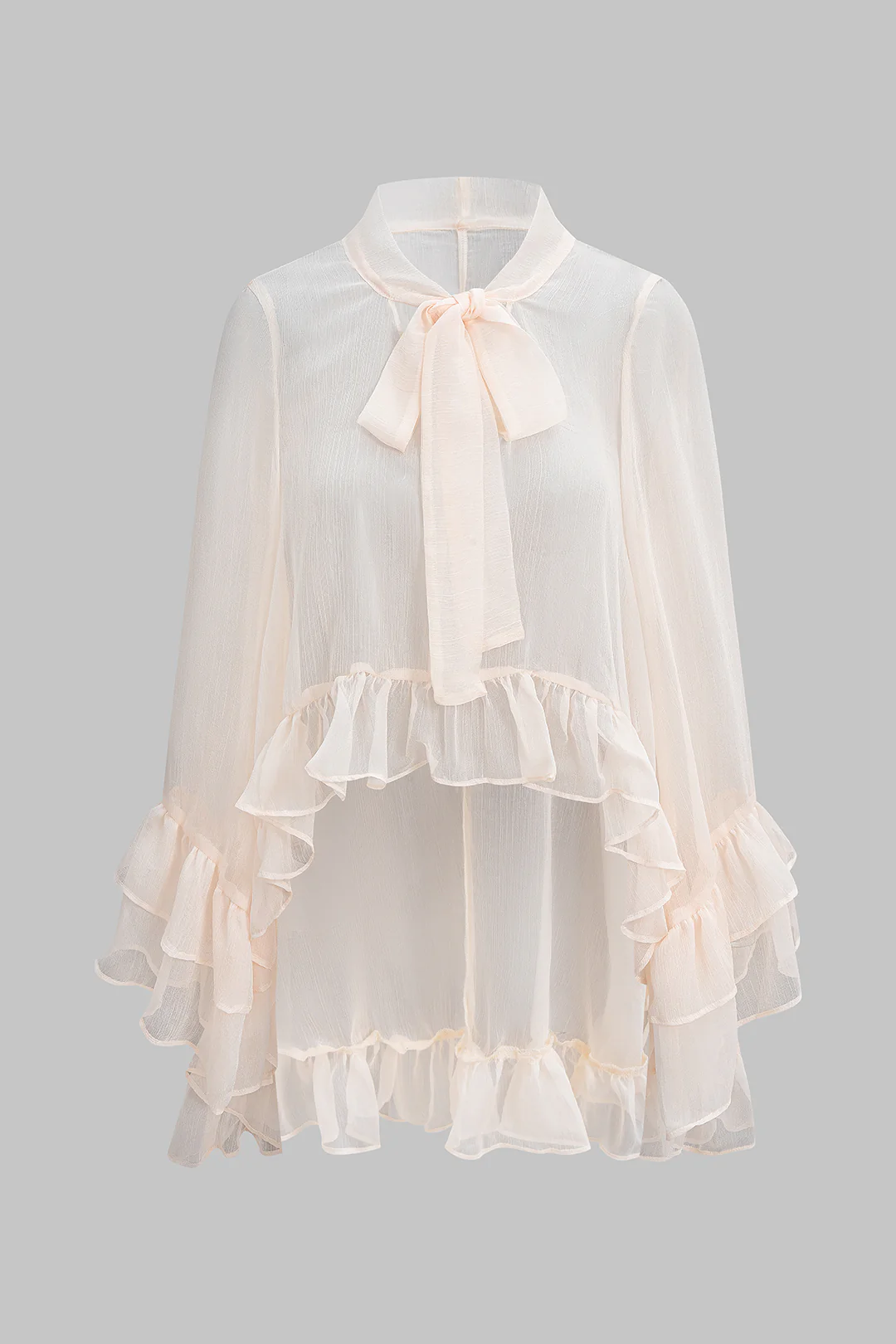Sheer Ruffle Hem Strappy Long-Sleeve Shirt - Weenar