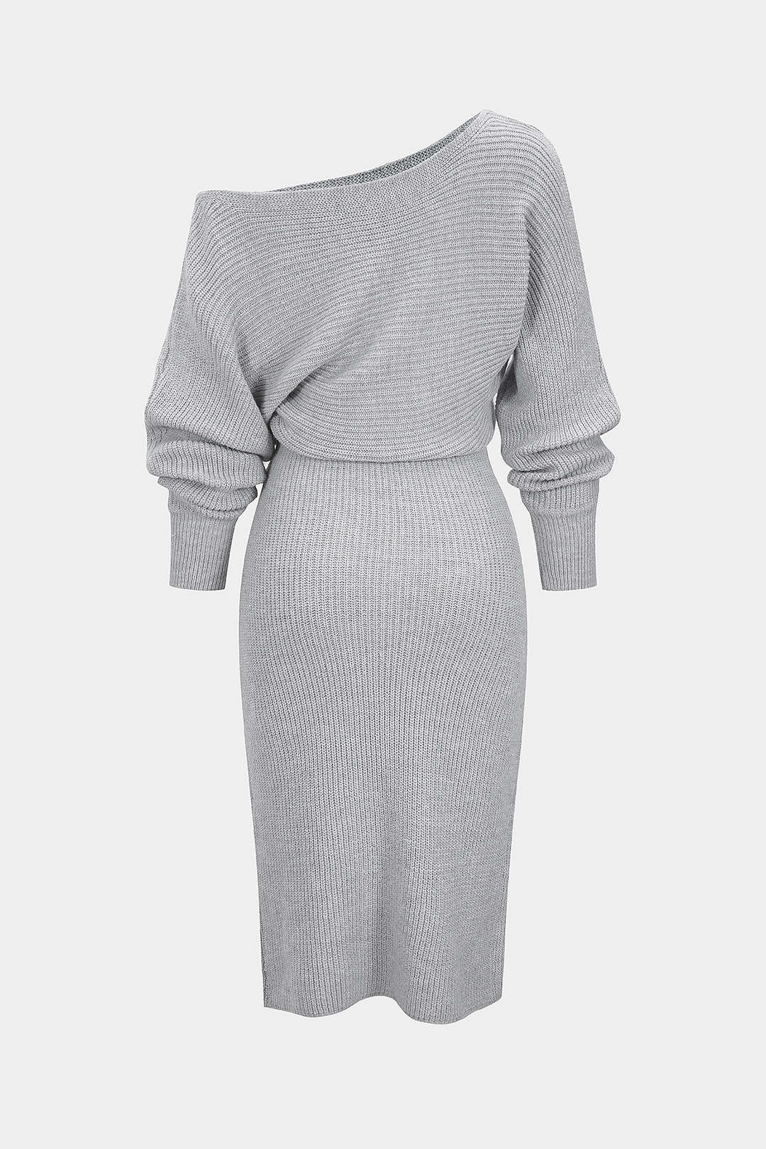 Knit Off-Shoulder Ribbed Side Slit Long Sleeve Dress - Weenar