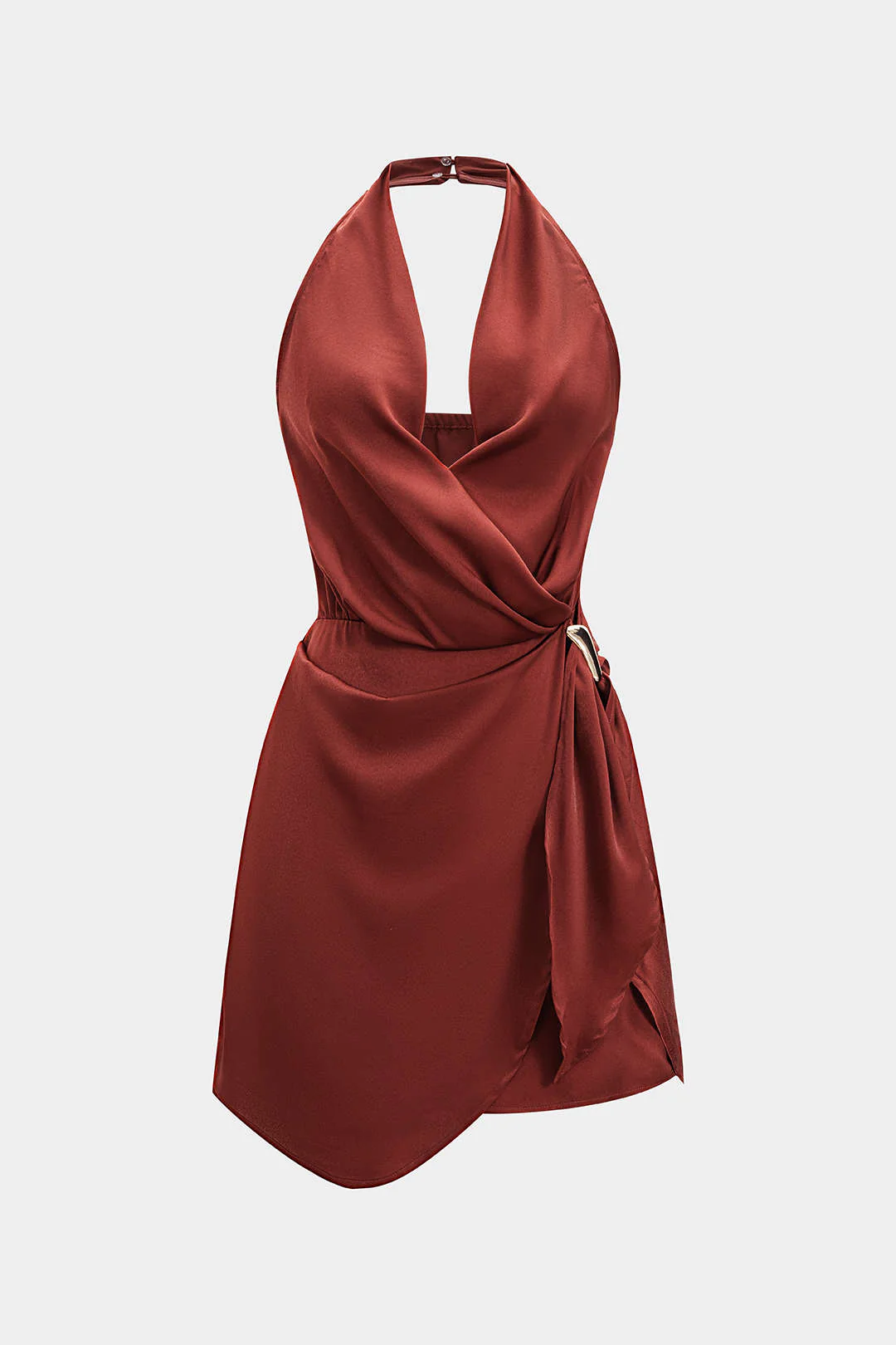 Satin Halter Neck Ruched Backeless Sleeveless Mini Dress - Weenar