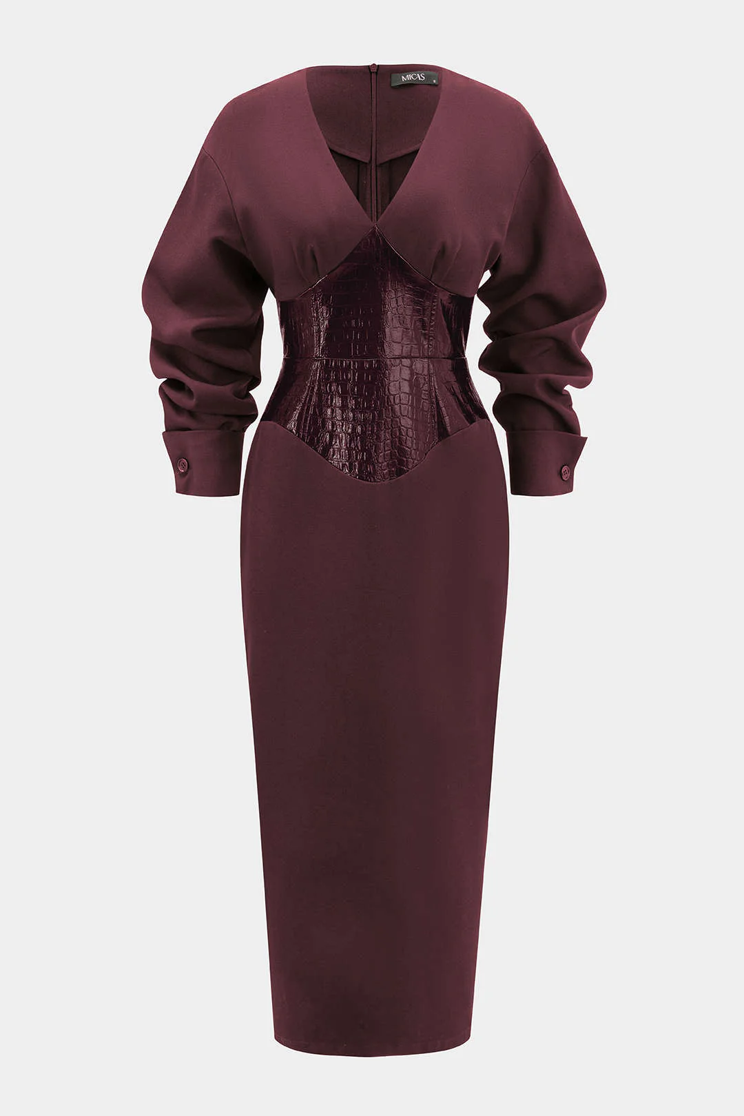 Crocodile Print Faux Leather Patchwork Long Sleeve Maxi Dress - Weenar