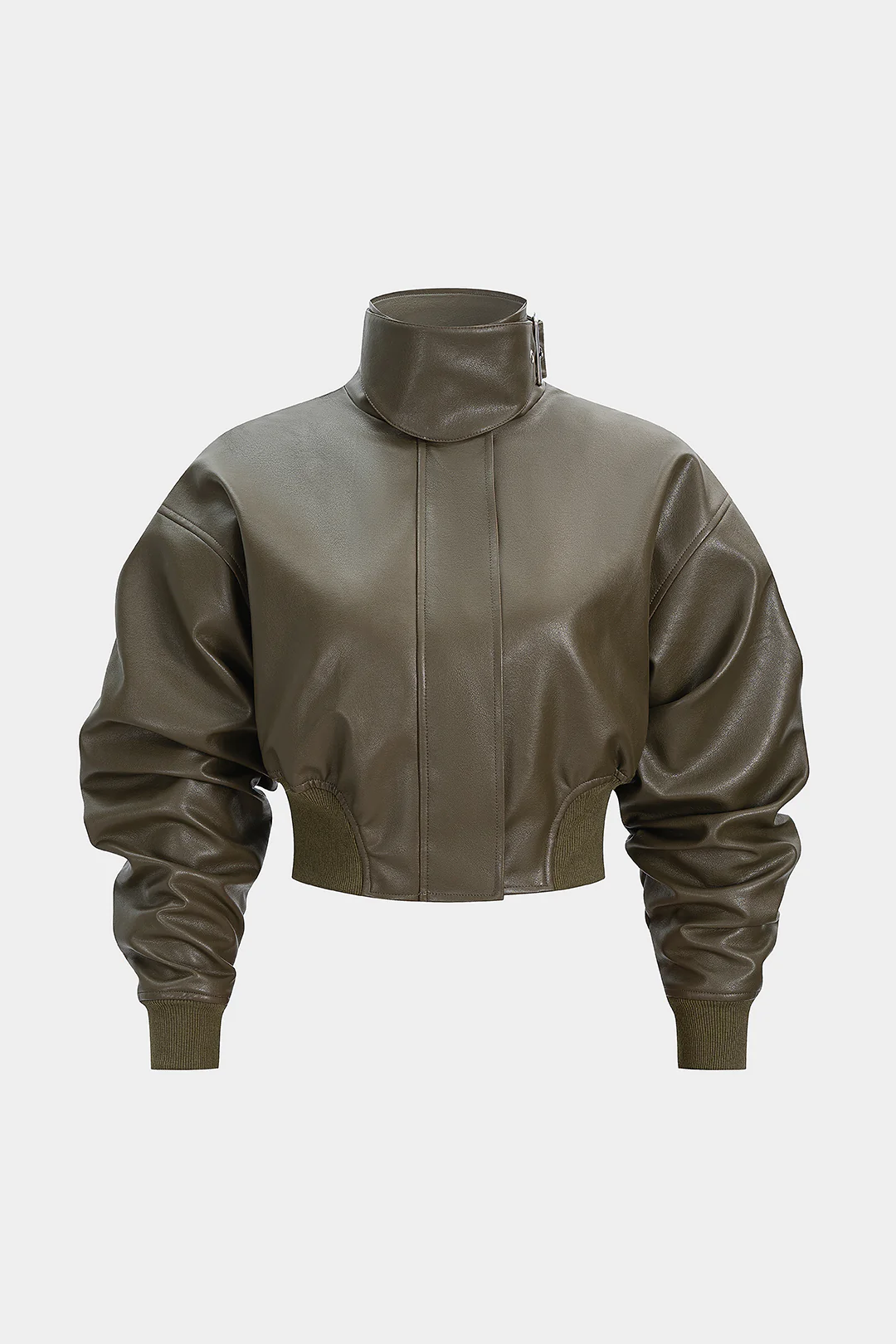 Faux Leather Stand Collar Zipper Jacket - Weenar