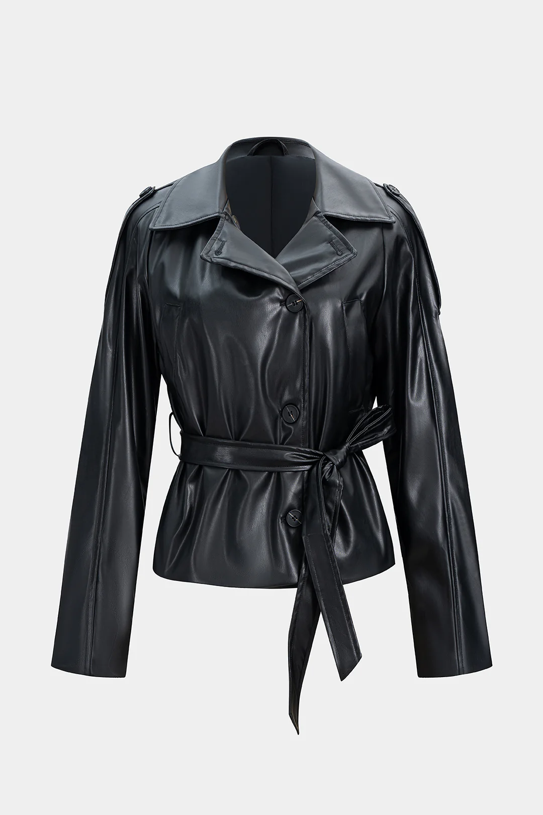 Faux Leather Button Tie-Front Pocket Jacket - Weenar