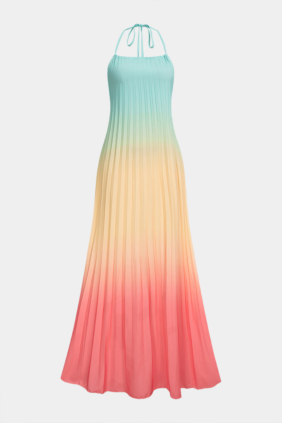 Ombre Print Halter Tie Back Backless Pleated Sleeveless Maxi Dress - Weenar