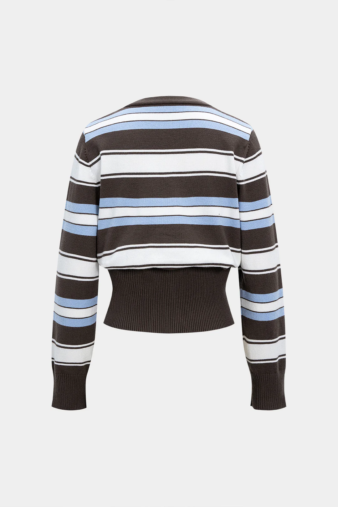 Knit Contrast Stripes Print V-Neck Button Long-Sleeve Top - Weenar