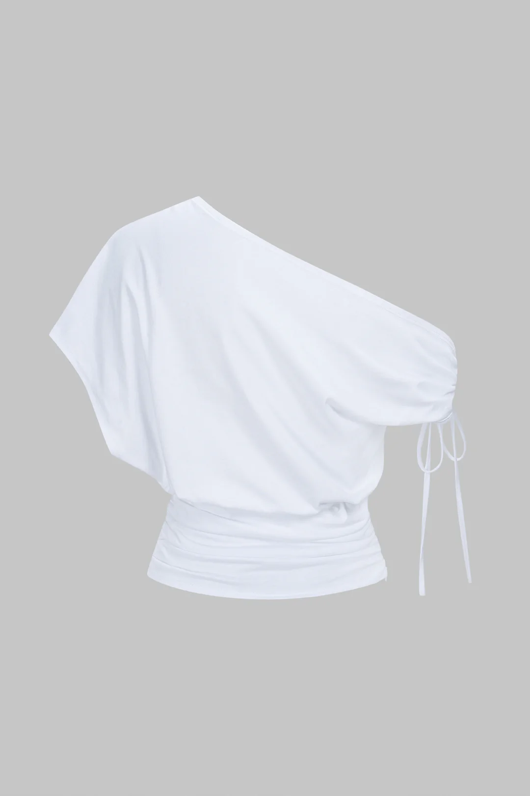 Tie-Up Asymmetrical One Shoulder Ruched Short Sleeve T-Shirt - Weenar