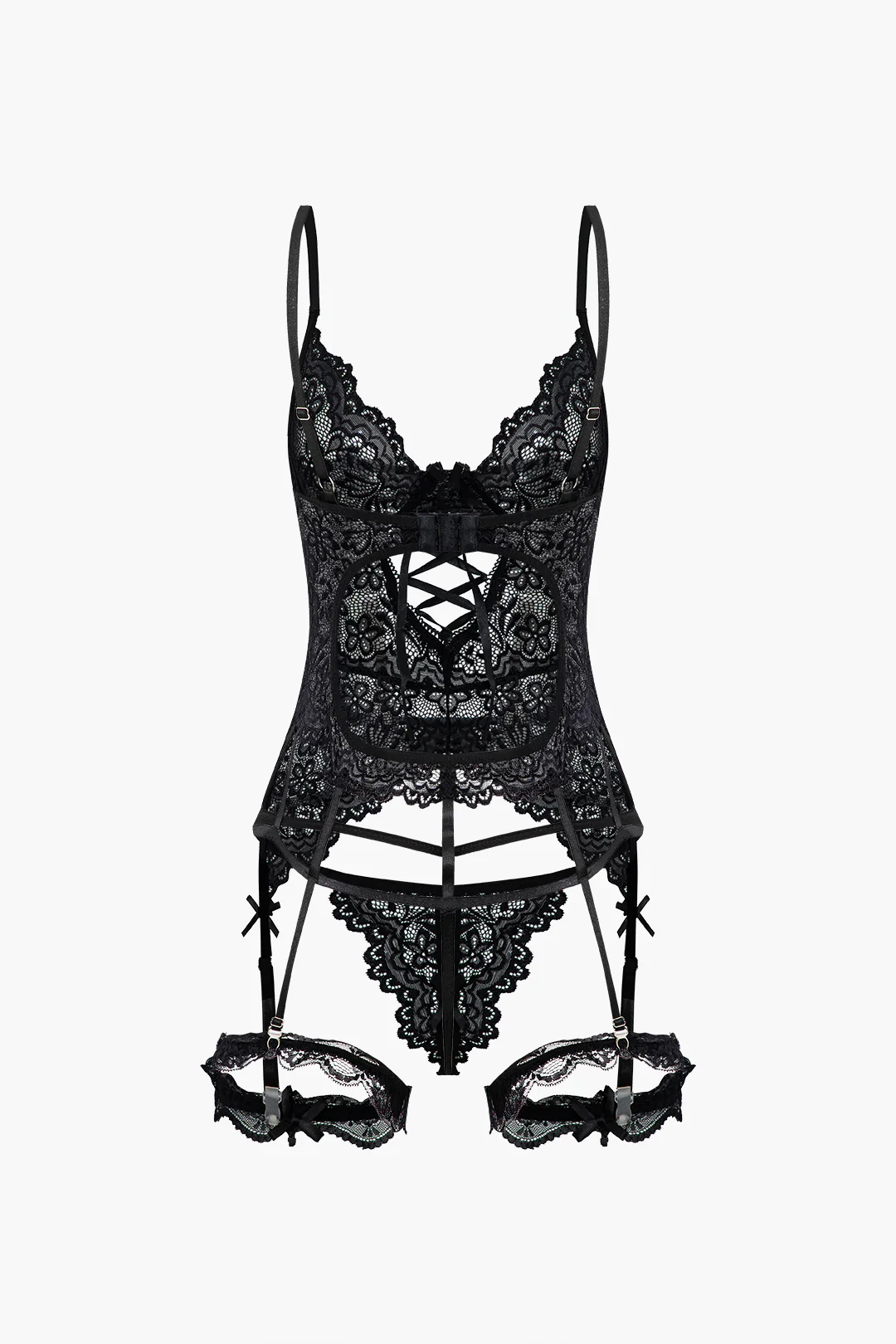 Solid Cut Out Lace Lingerie Garter Set - Weenar