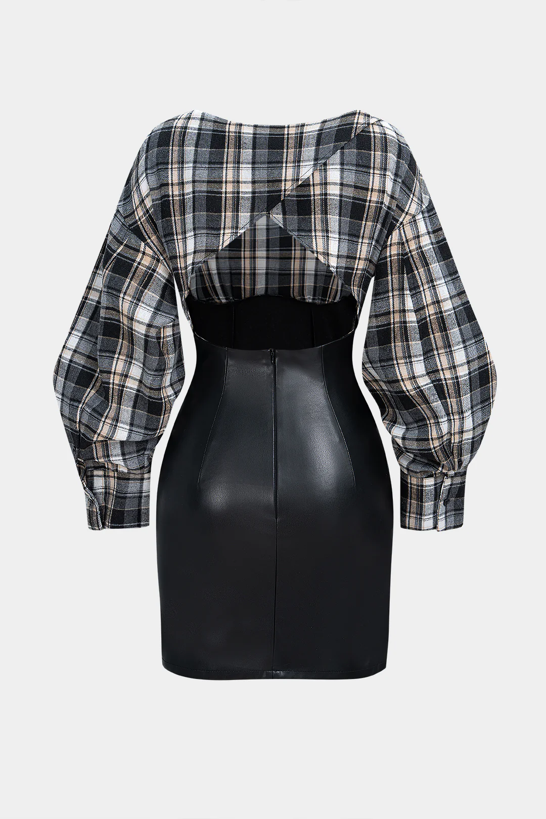 Plaid Print Faux Leather Patchwork Long Sleeve Mini Dress - Weenar