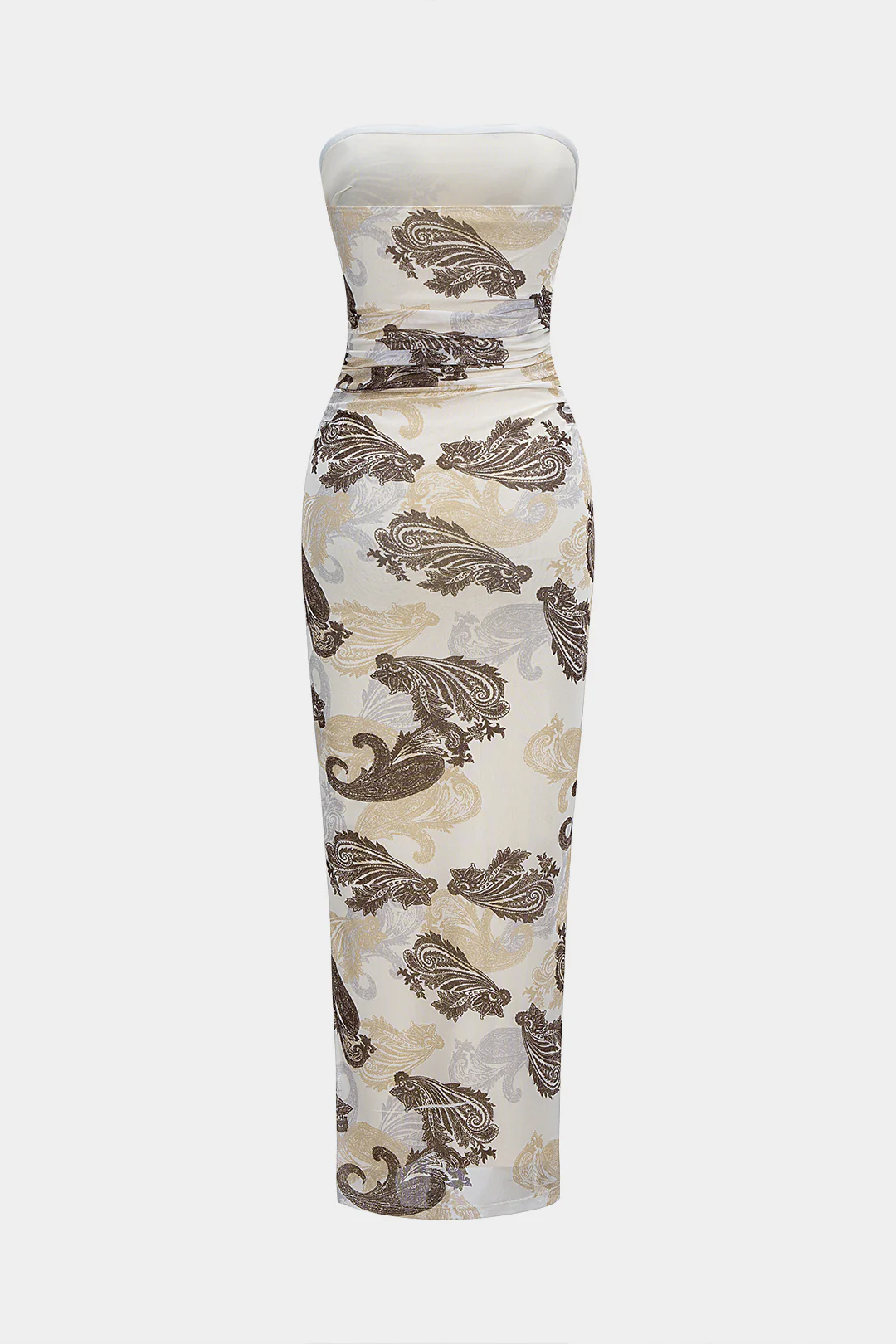 Paisley Print Mesh Ruched Strapless Sleeveless Maxi Dress - Weenar