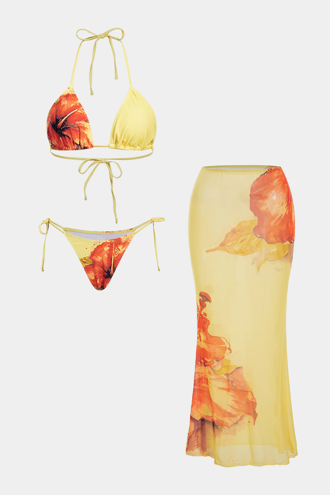 Floral Print Mesh Patchwork Halter Tie-Up Bikini Set - Weenar