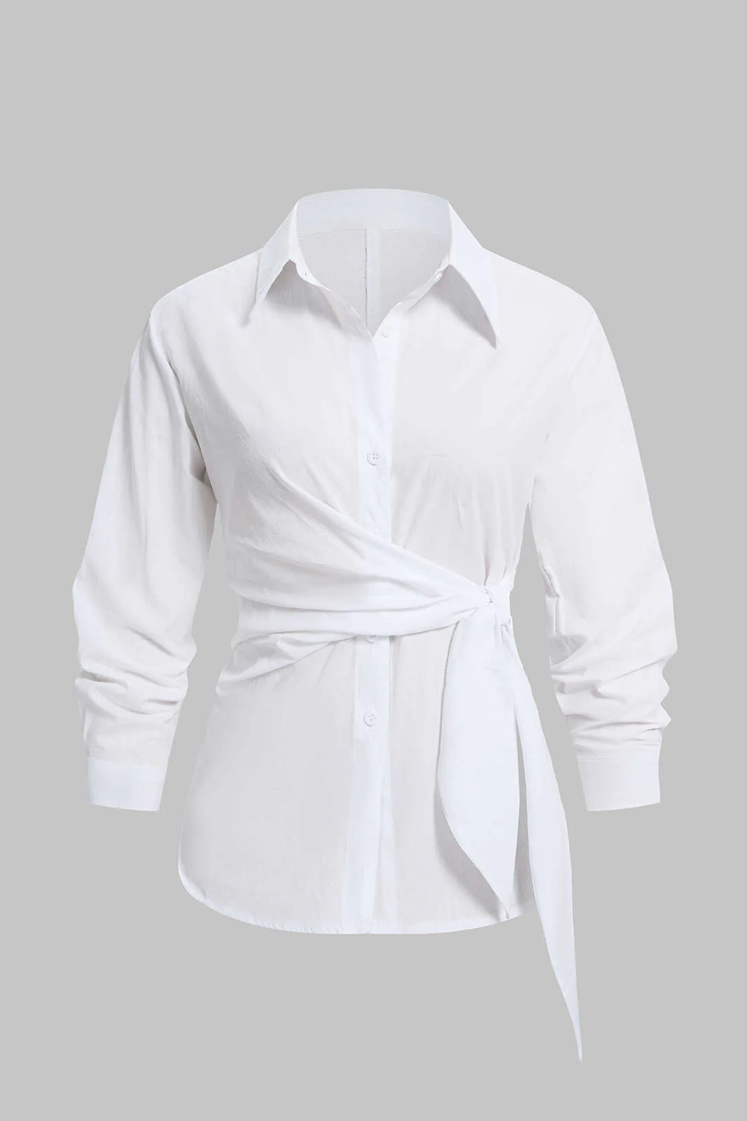 Lapel Button Tie Front Long-Sleeve Shirt - Weenar