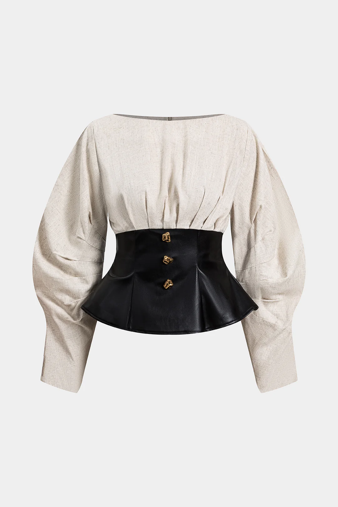 Linen Faux Leather Patchwork Long-Sleeve Shirt - Weenar