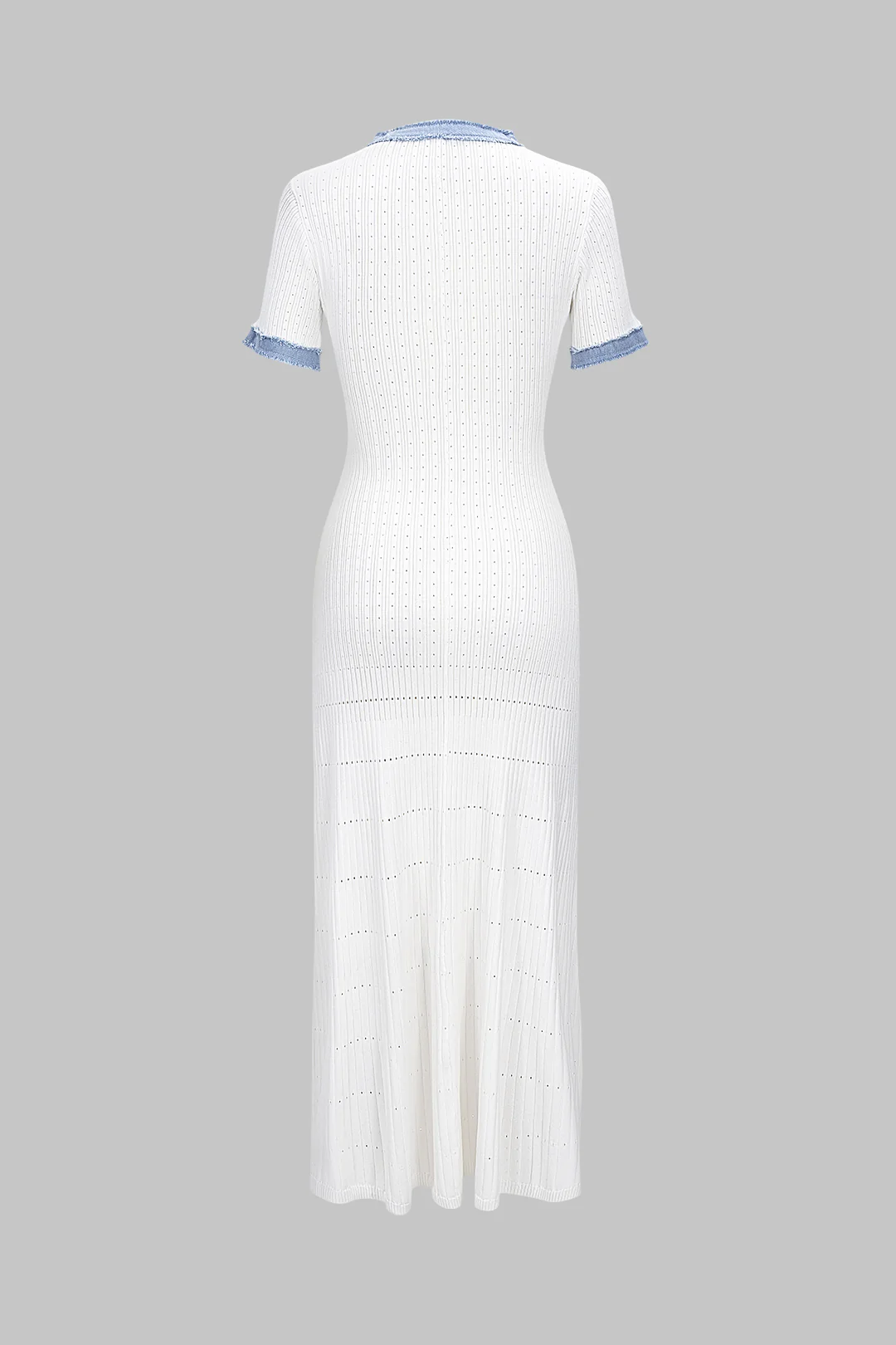Knit Patchwork Frayed Button Short Sleeve Dress - Weenar