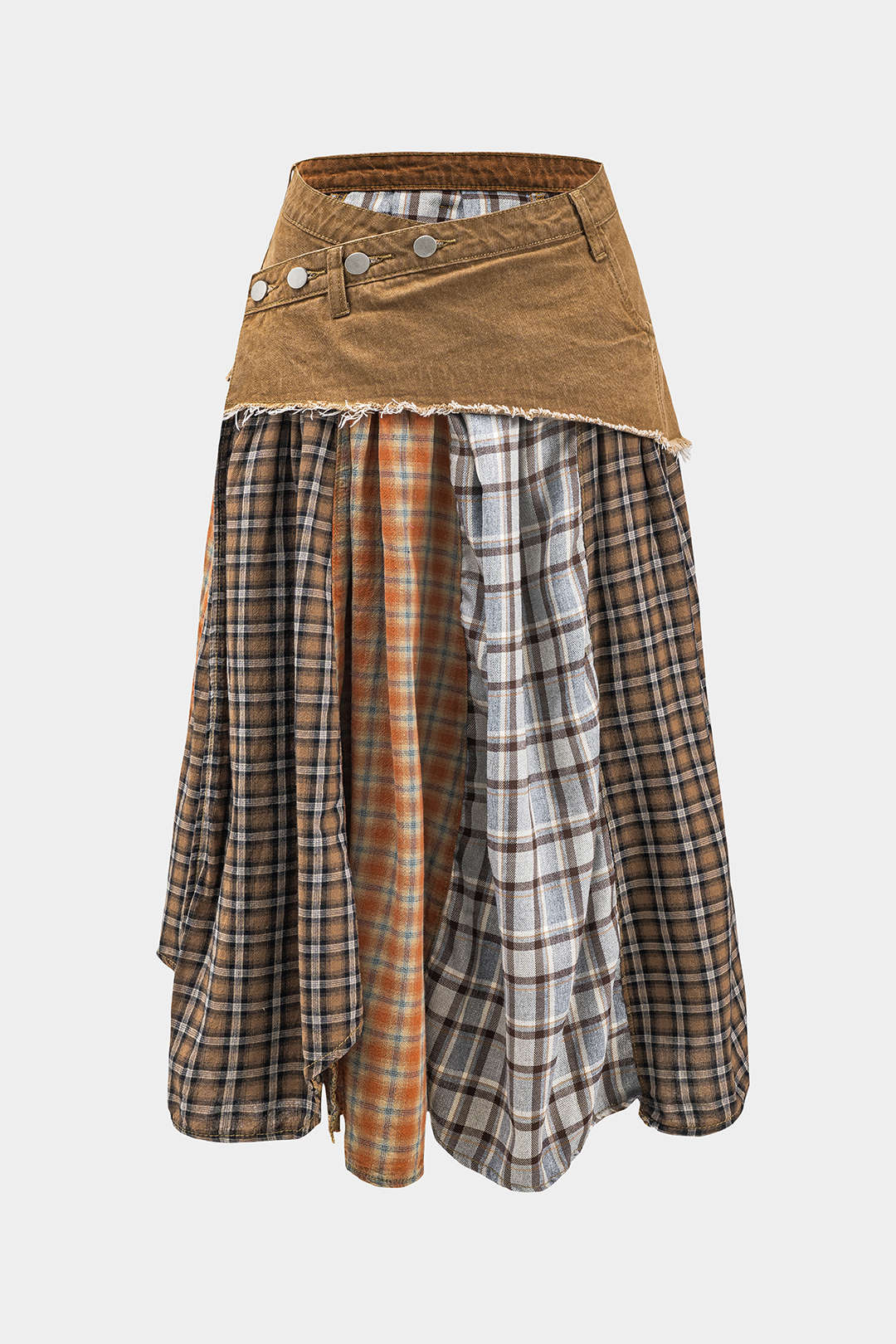 Plus Size Denim Plaid Print Patchwork Asymmetrical Skirt - Weenar