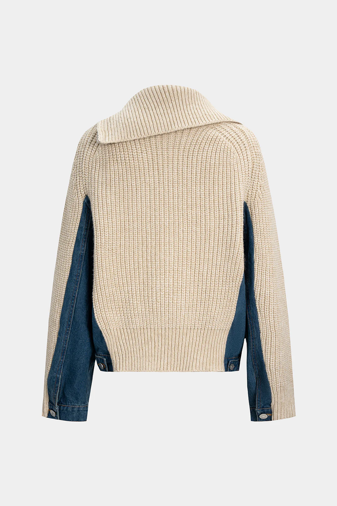 Knit Denim Patchwork Asymmetric Zipper Cardigan - Weenar