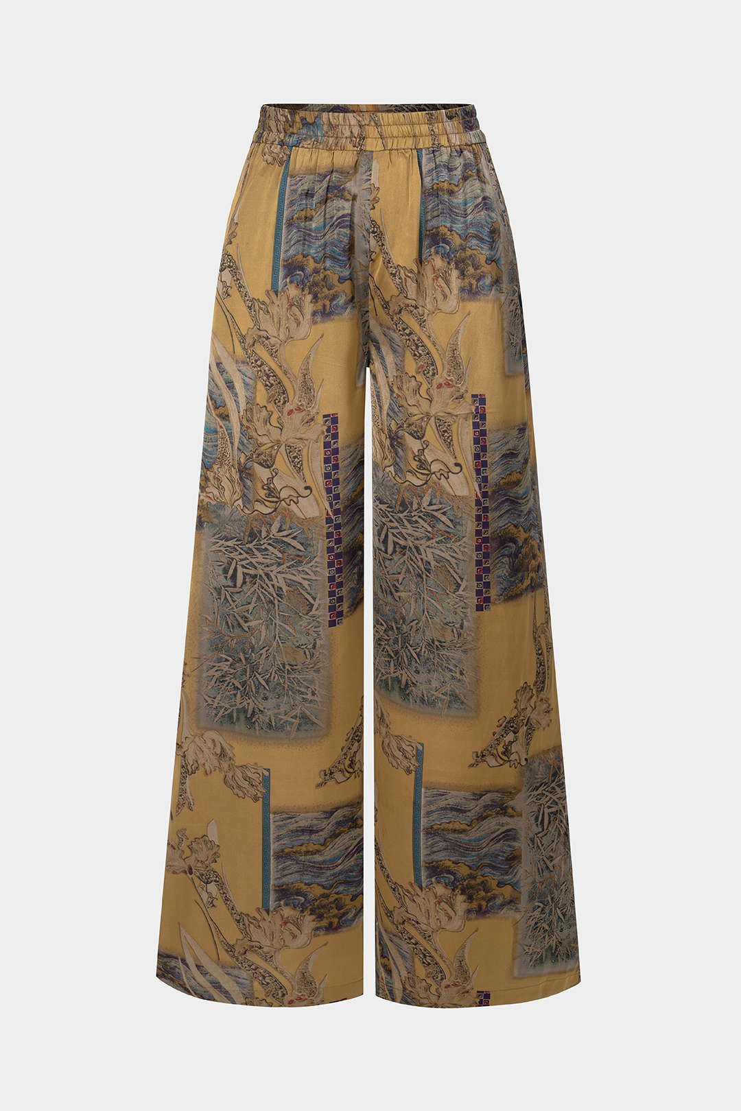 Abstract Print Satin Shirred Waistband Wide Leg Pants - Weenar