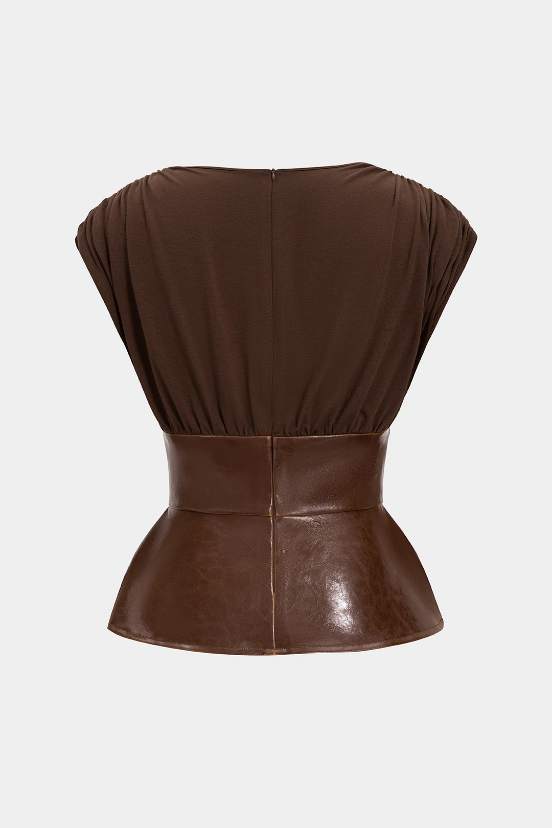 Faux Leather Patchwork Ruched Zipper Short-Sleeve Top - Weenar