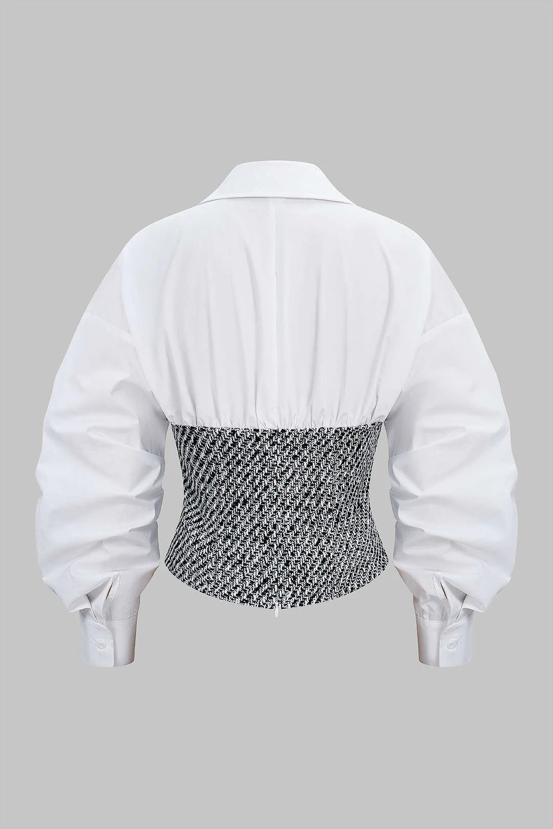 Tweed Patchwork Asymmetrical Gigot Long-Sleeve Shirt - Weenar