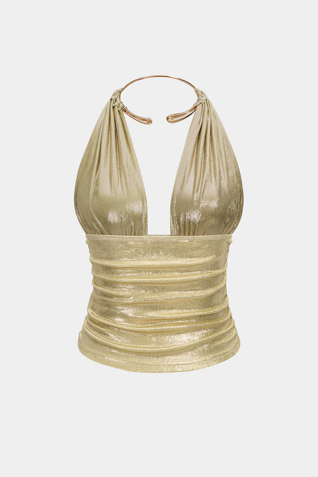 Metallic Ring Halter Backless Ruched Top - Weenar