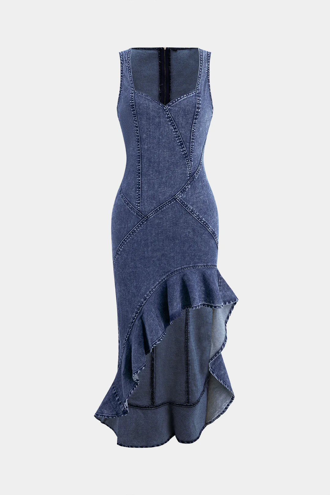 Denim Ruffle Hem Asymmetrical Sleeveless Dress - Weenar