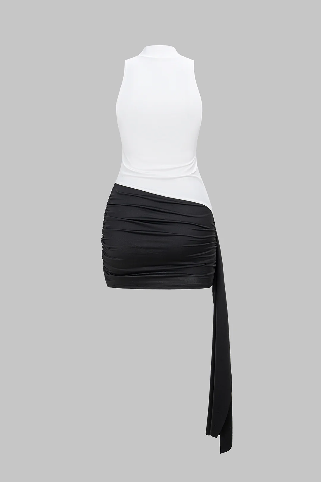 Contrast Mock Neck Ruched Strappy Sleeveless Mini Dress - Weenar