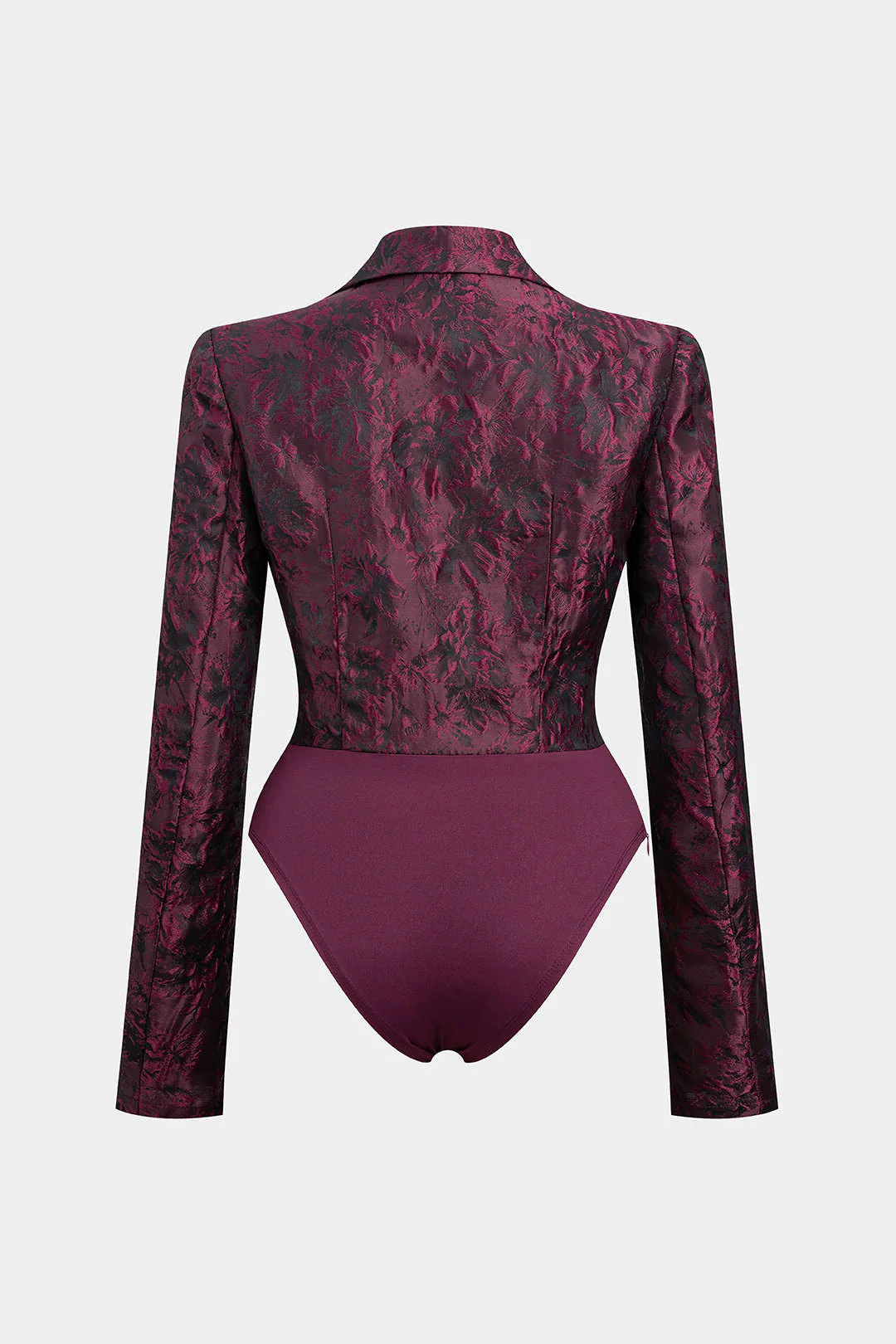 Floral Print Jacquard Notched Lapel Long Sleeve Bodysuit - Weenar