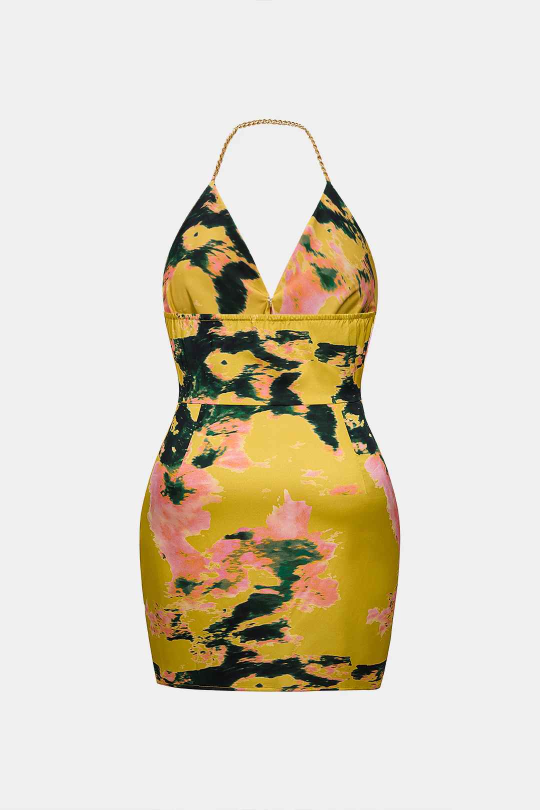 Plus Size Abstract Print Satin Metallic Halter Draped Cowl Neck Ruched Backless Sleeveless Mini Dress - Weenar