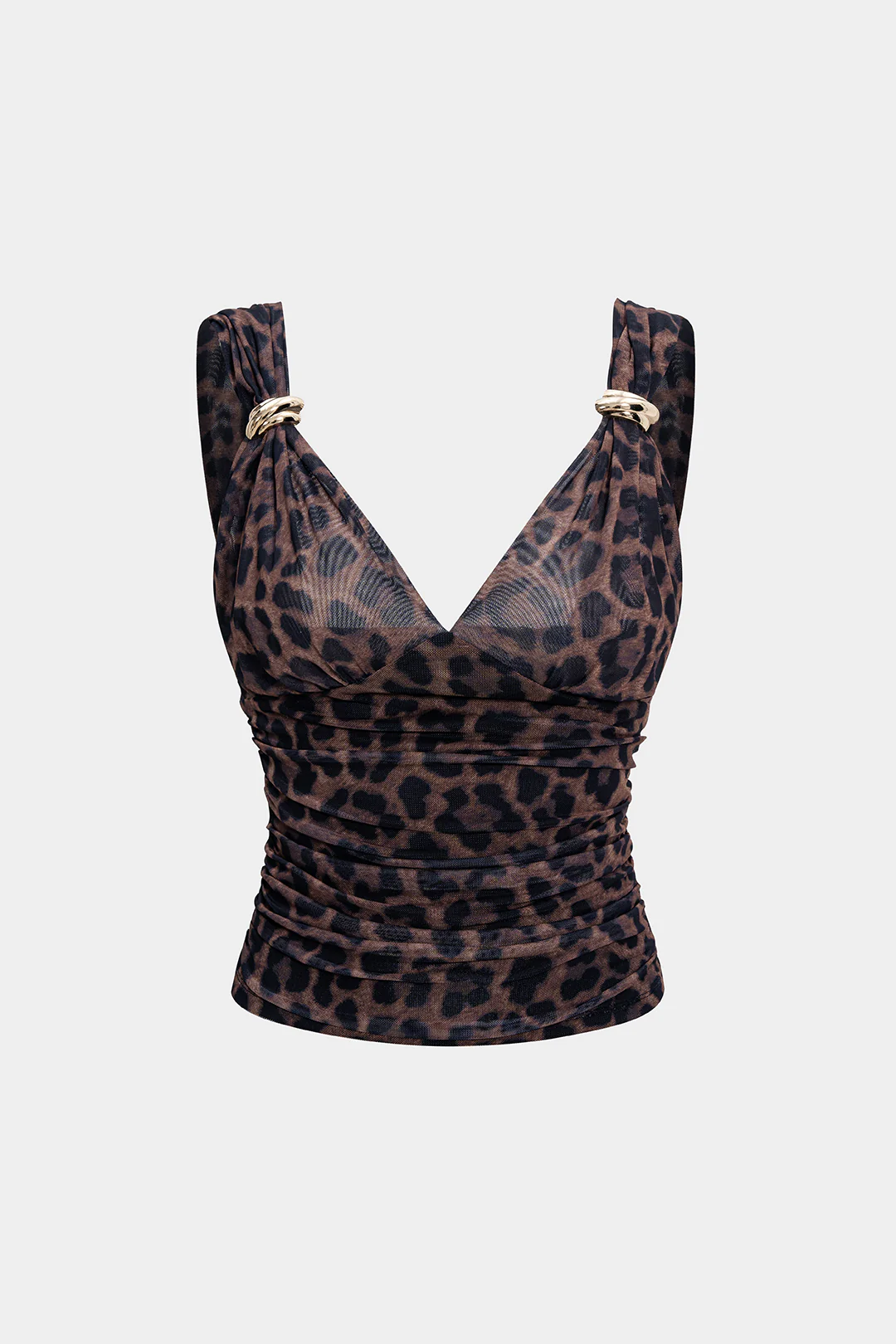 Leopard Print Mesh Ruched Metallic Decor Cami Top - Weenar