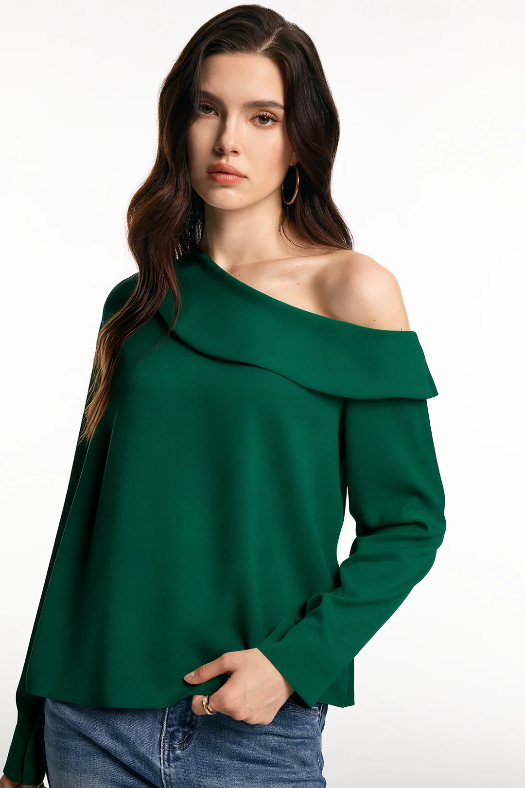 Satin One Shoulder Asymmetrical Long-Sleeve Shirt - Weenar