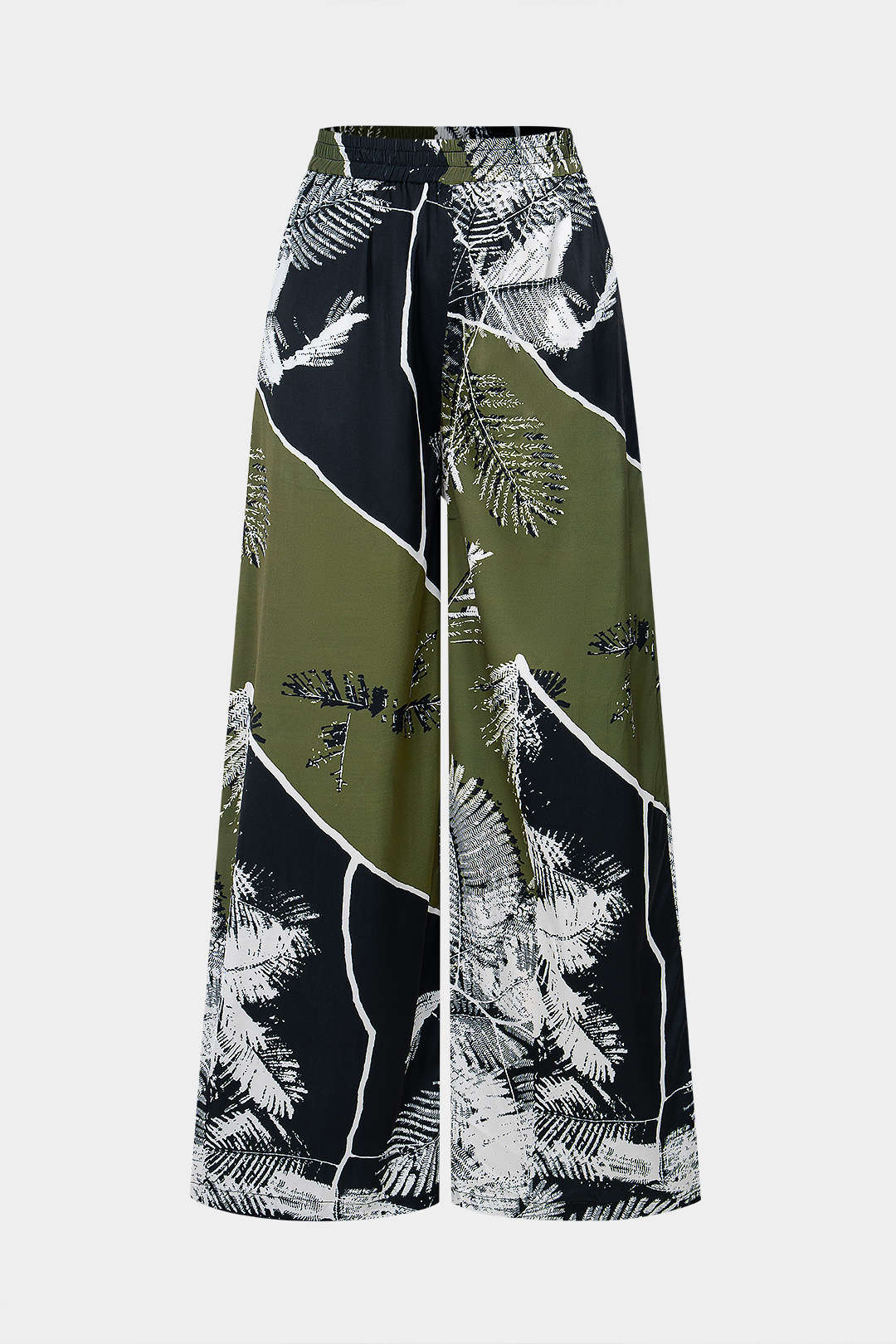 Leaves Contrast Print Satin Shirred Waistband Wide Leg Pants - Weenar