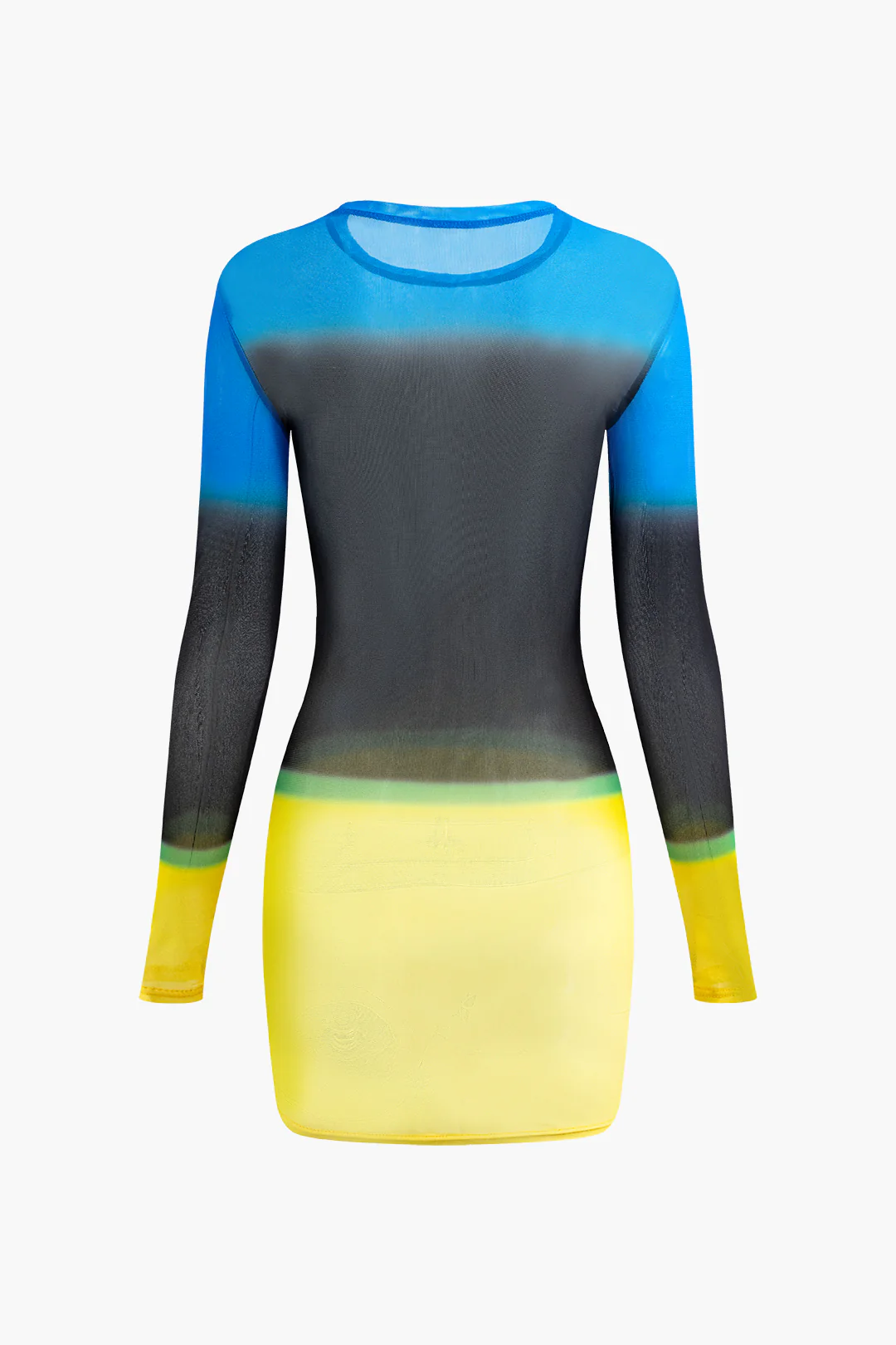 Mesh Ombre Print Round Neck Contrast Long Sleeve Mini Dress - Weenar