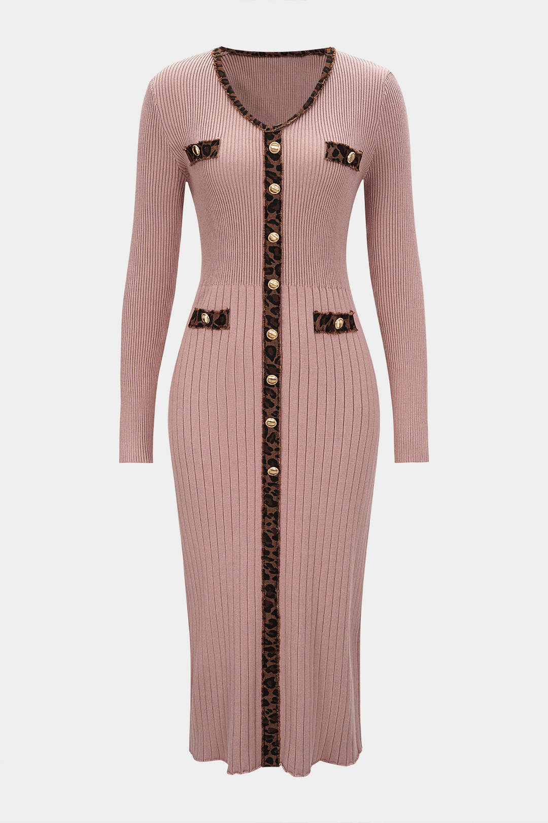 Knit Contrast Leopard Print Long Sleeve Dress - Weenar
