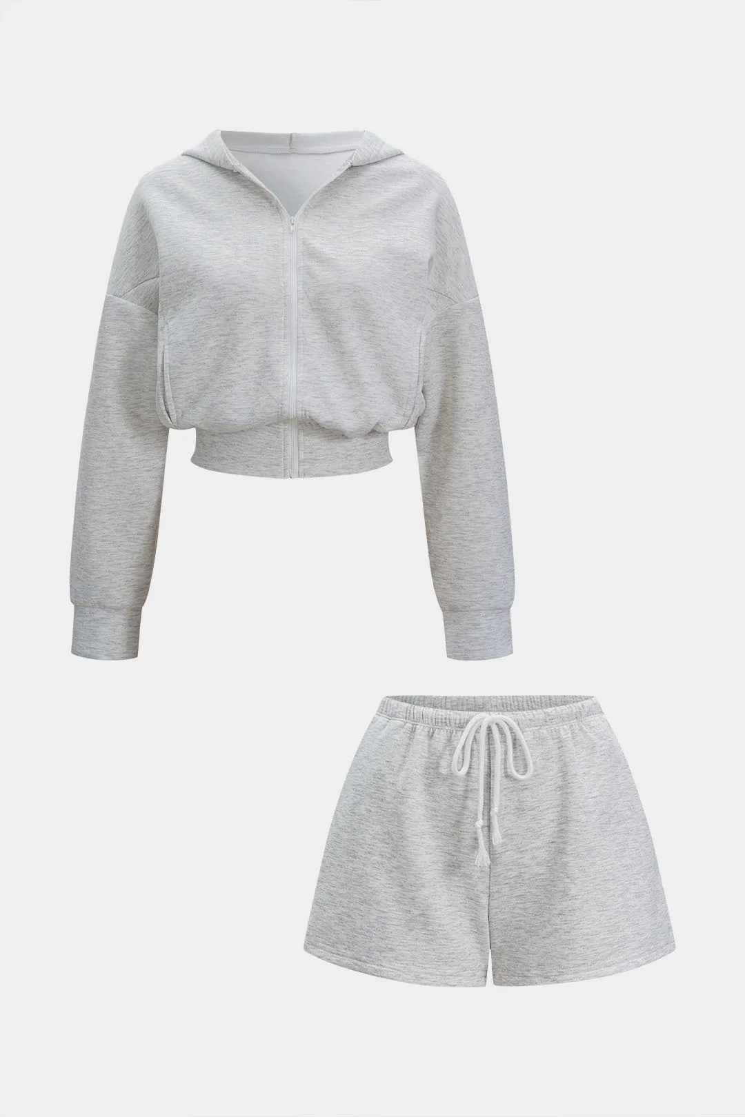 Hooded Pocket Zipper Long Sleeve Sweatshirt And Drawstring Shirred Waistband Shorts Set - Weenar