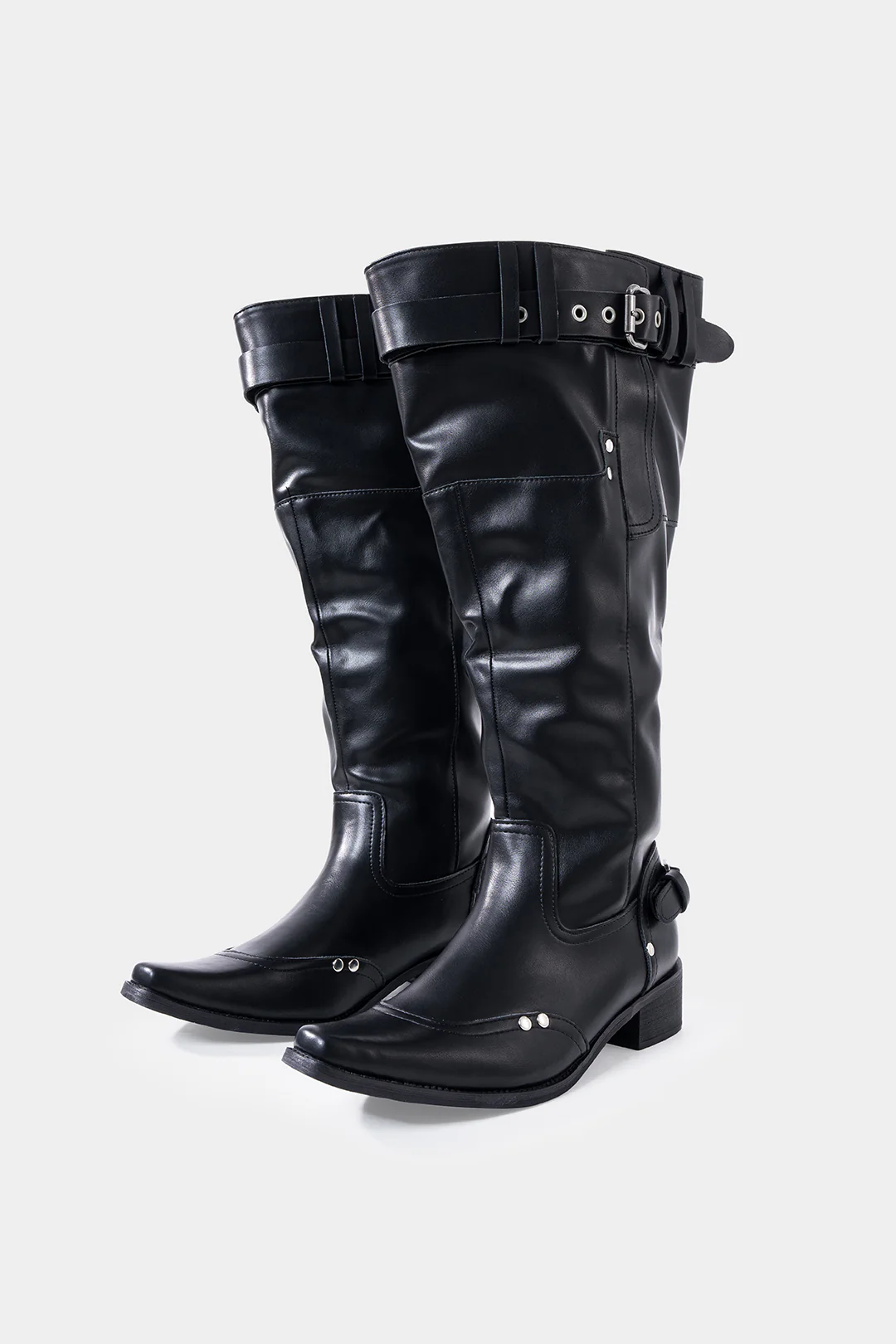 Leather Ruched Buckle Knee High Boots - Weenar