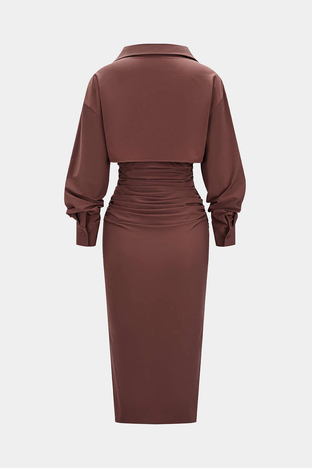 Solid Ruched Long Sleeve Midi Dress - Weenar