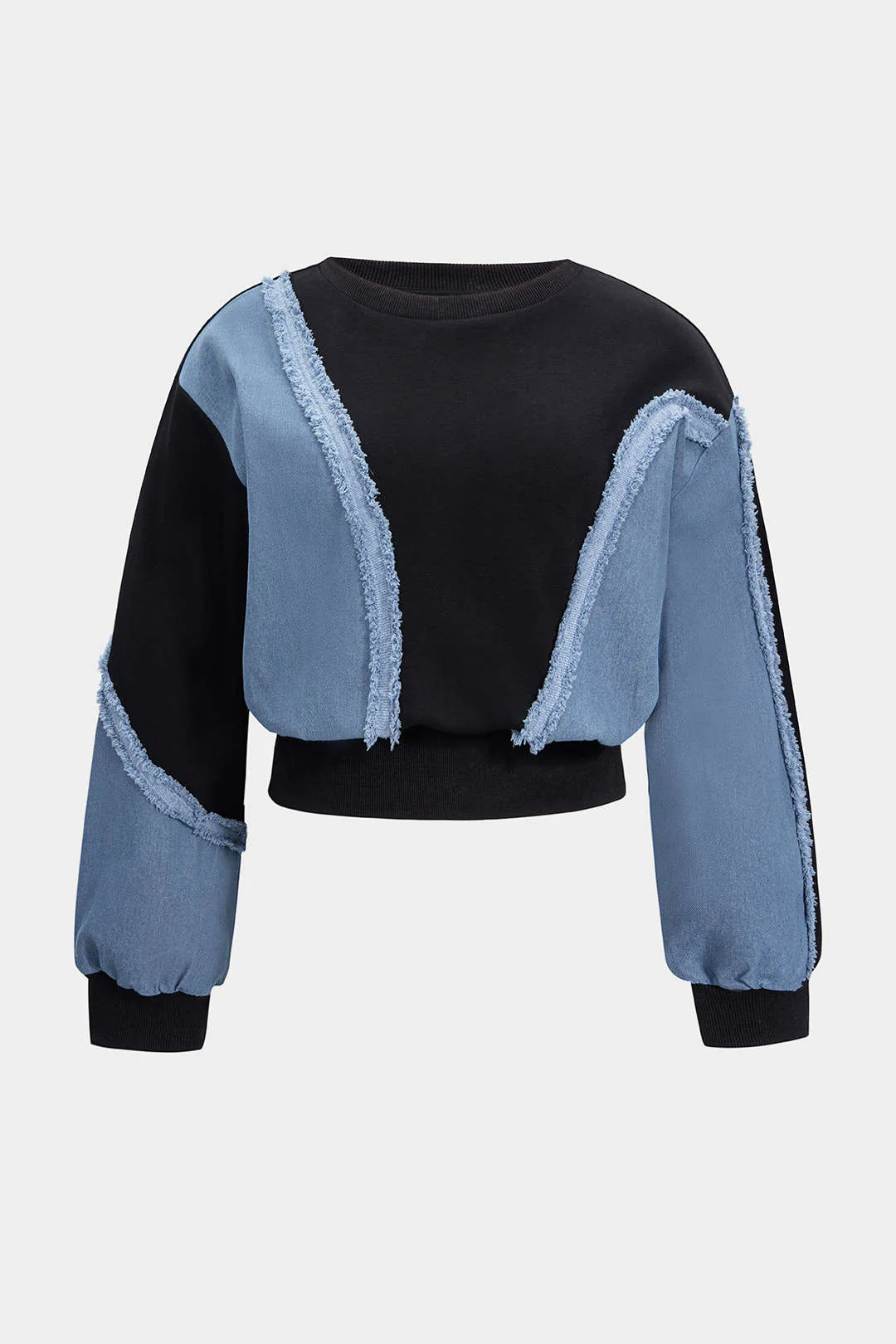 Plus Size Denim Patchwork Long-Sleeve Top And High Waist Wide Leg Trousers Set - Weenar