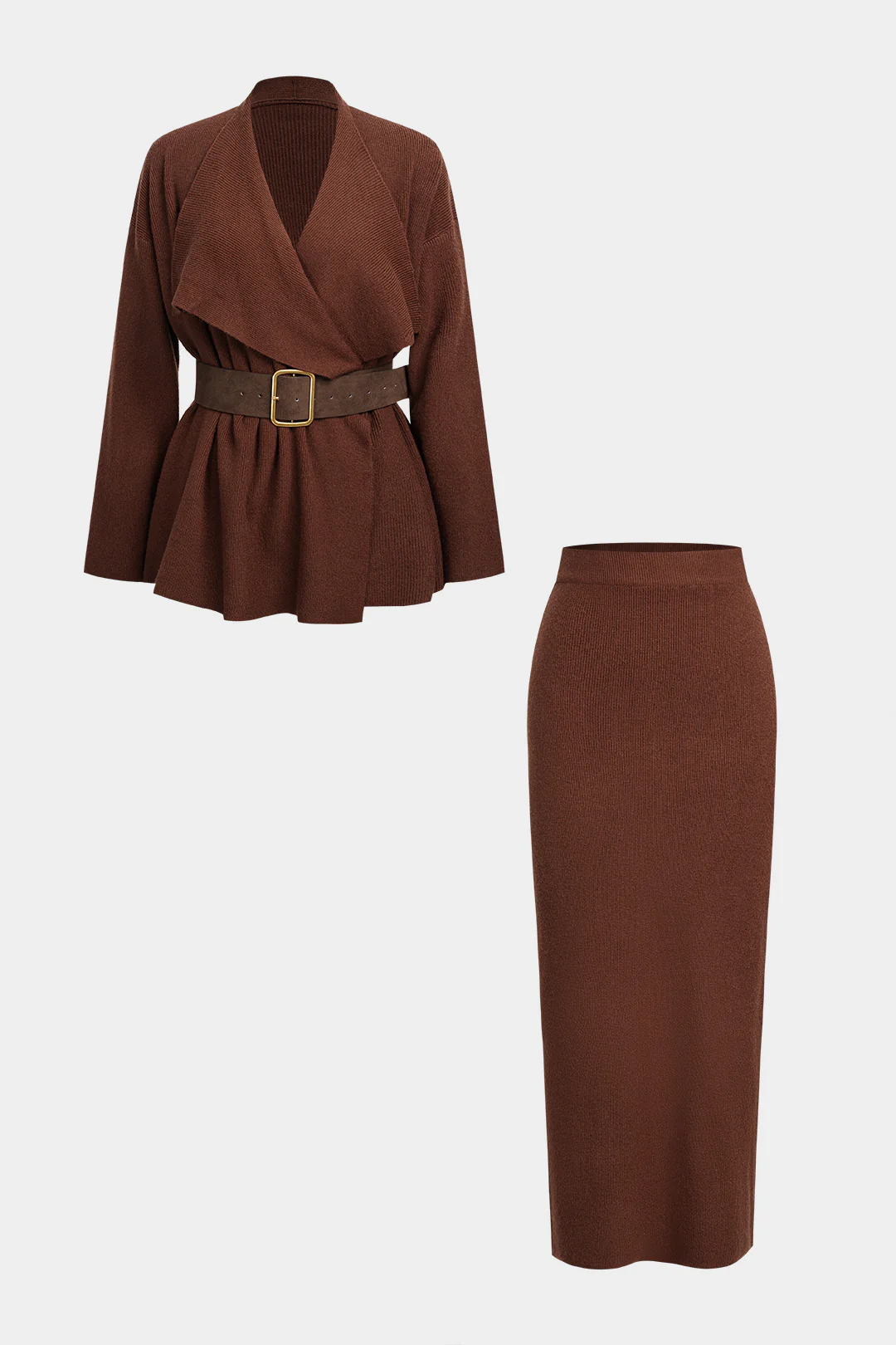 Knit Crossed Belted Long-Sleeve Top And Split Skirt Set - Weenar