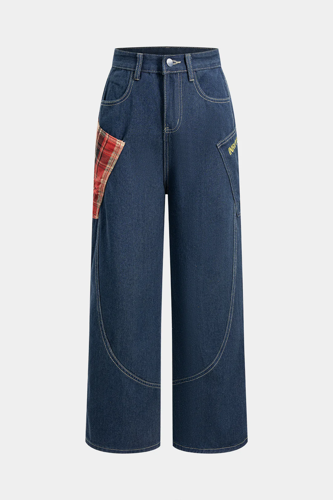 Denim Plaid Print Zipper Asymmetrical Straight Leg Jeans - Weenar