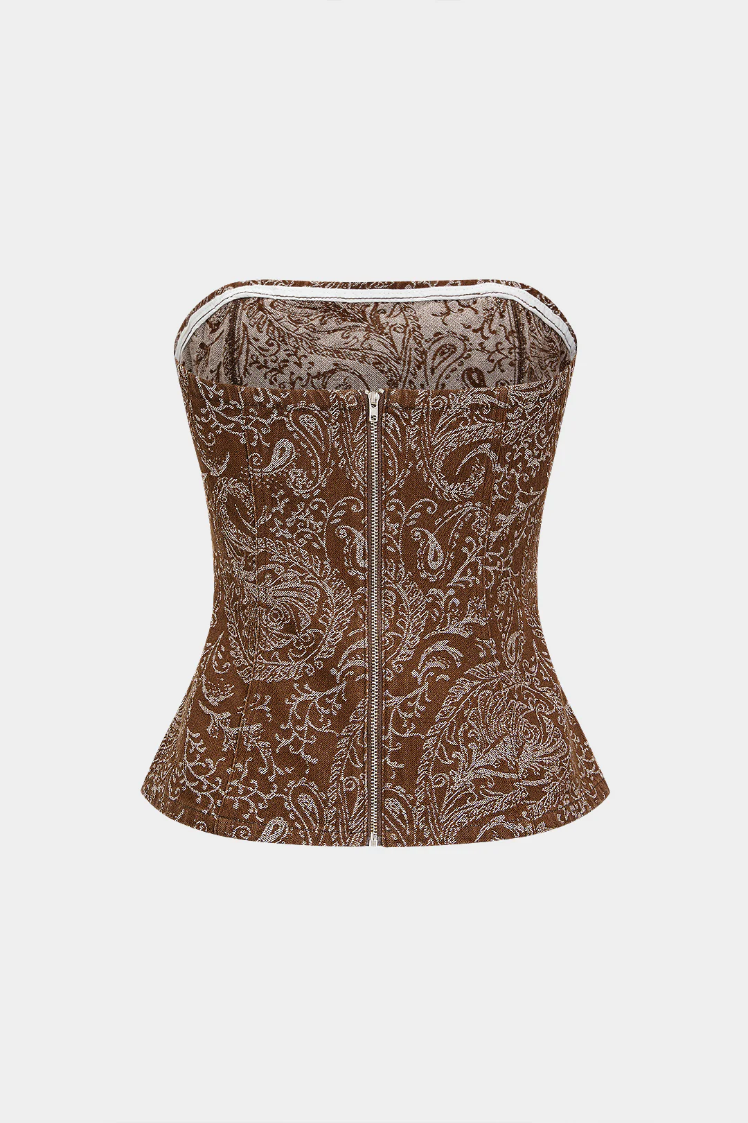 Paisley Print Denim Ruched Zipper Strapless Tube Top - Weenar
