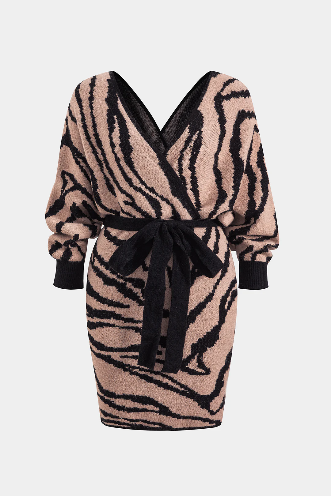 Plus Size Zebra Stripe Print Knit Tie-Up Crossed Long Sleeve Dress - Weenar